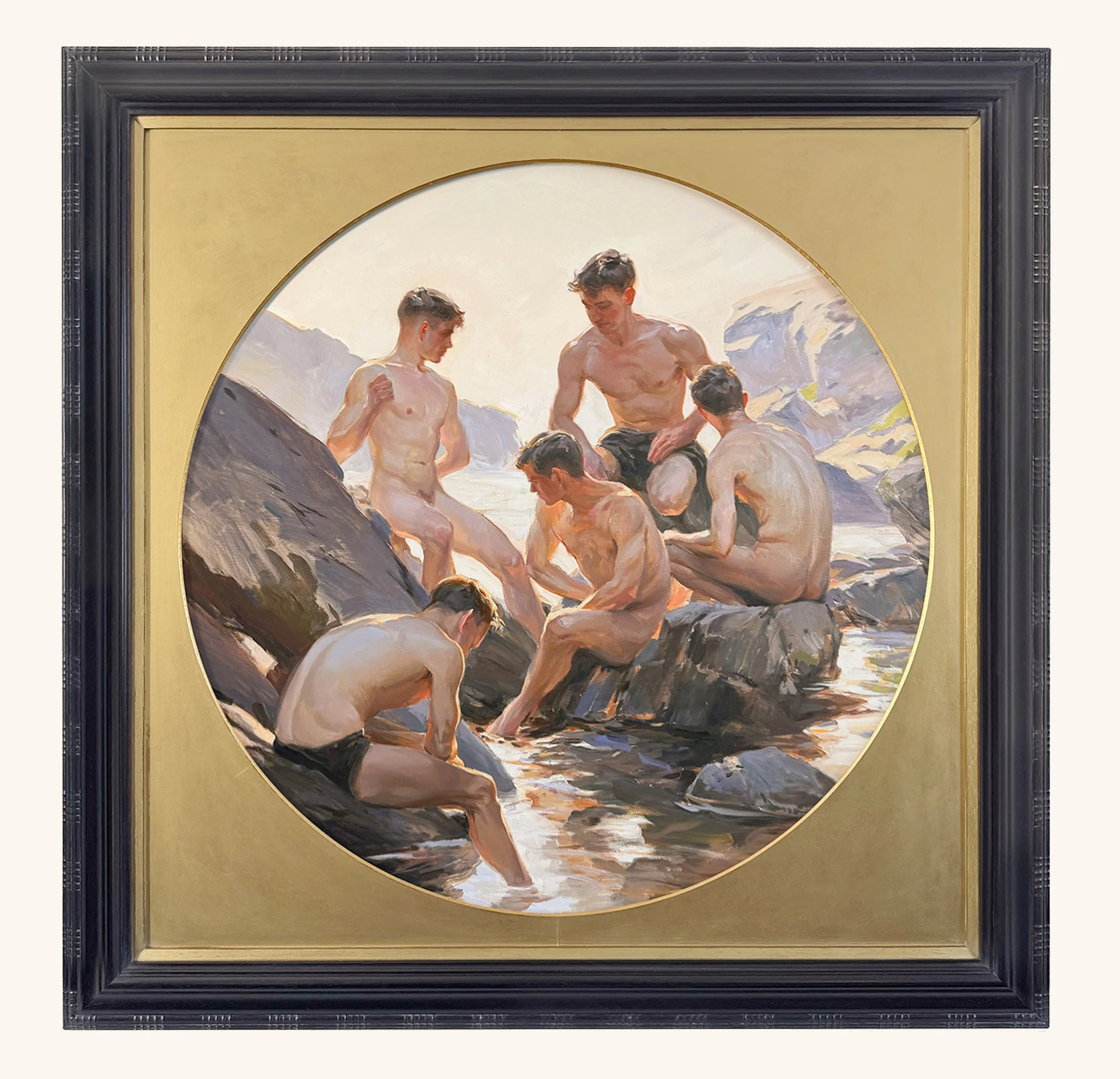 Bathers, 2025.  Oil on wood panel.  Framed size: 100(h) x 100(w) cm.  Sold
