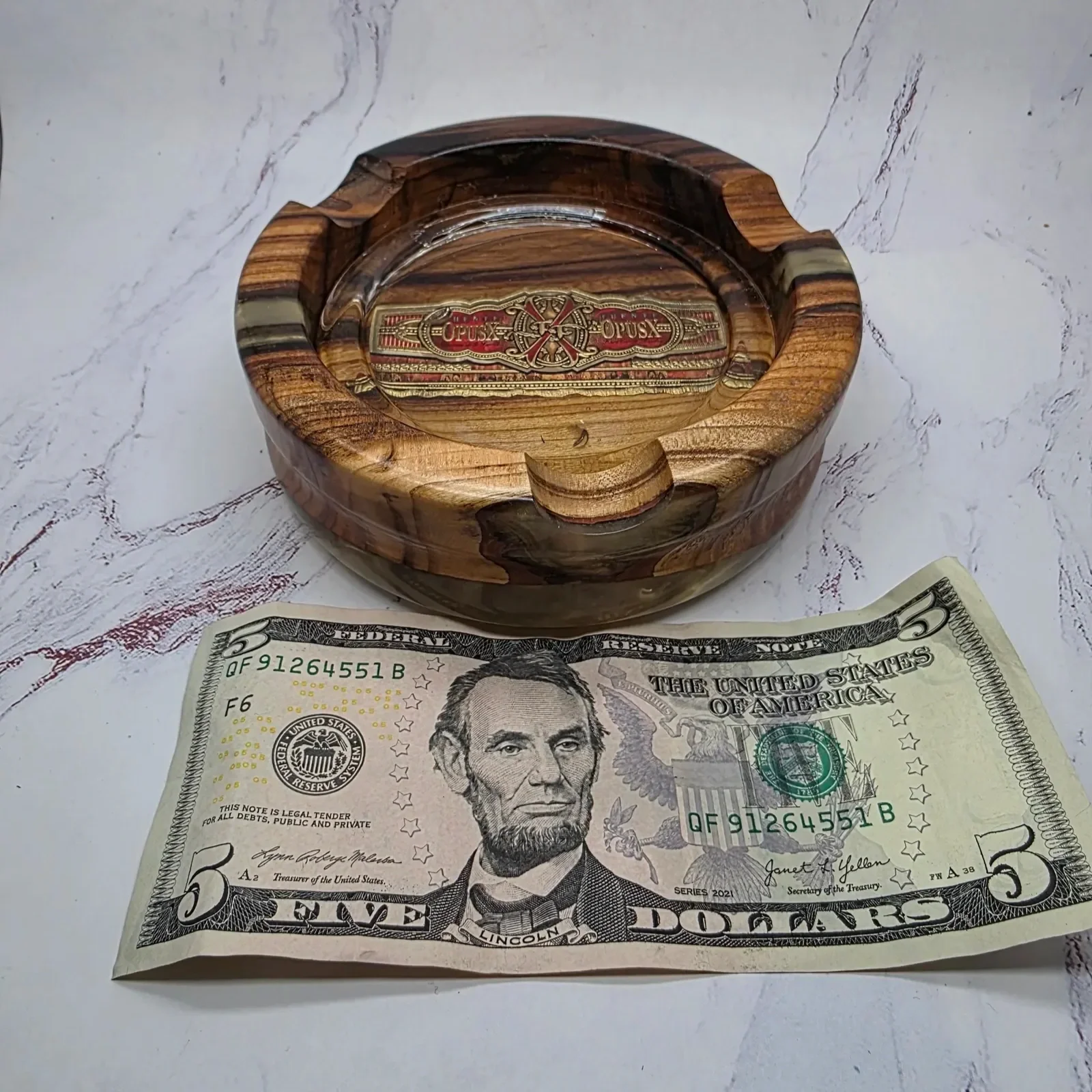 Magnolia and Epoxy Ashtray featuring authentic Opux X Cigar Band Inlay