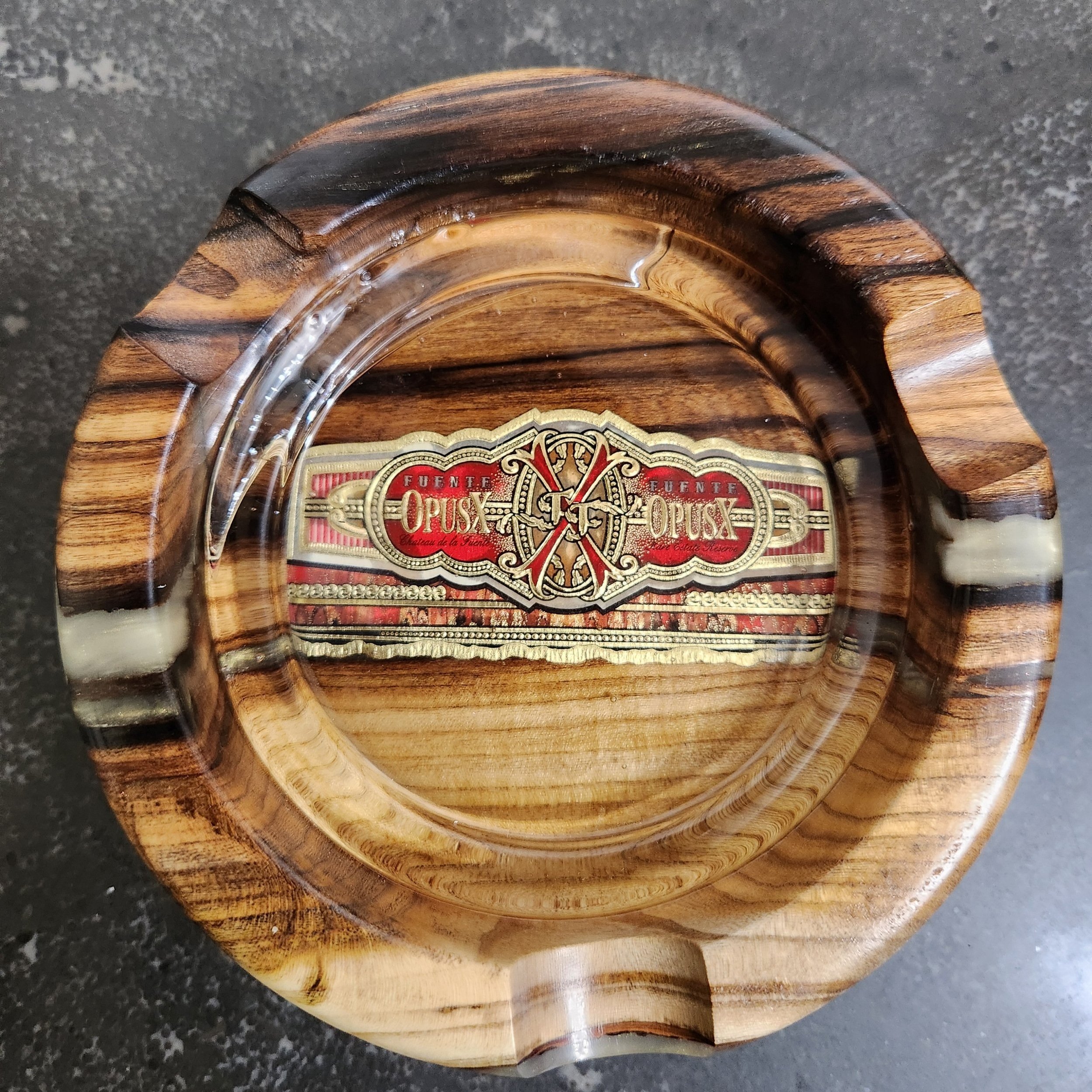 Magnolia and Epoxy Ashtray featuring authentic Opux X Cigar Band Inlay