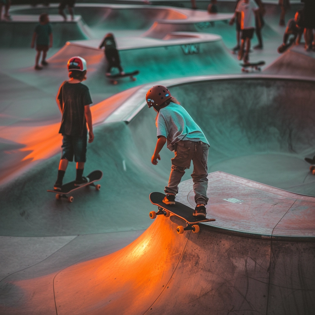 Kids skateboarding at a skate park during sunset with colorful lighting and ramps.