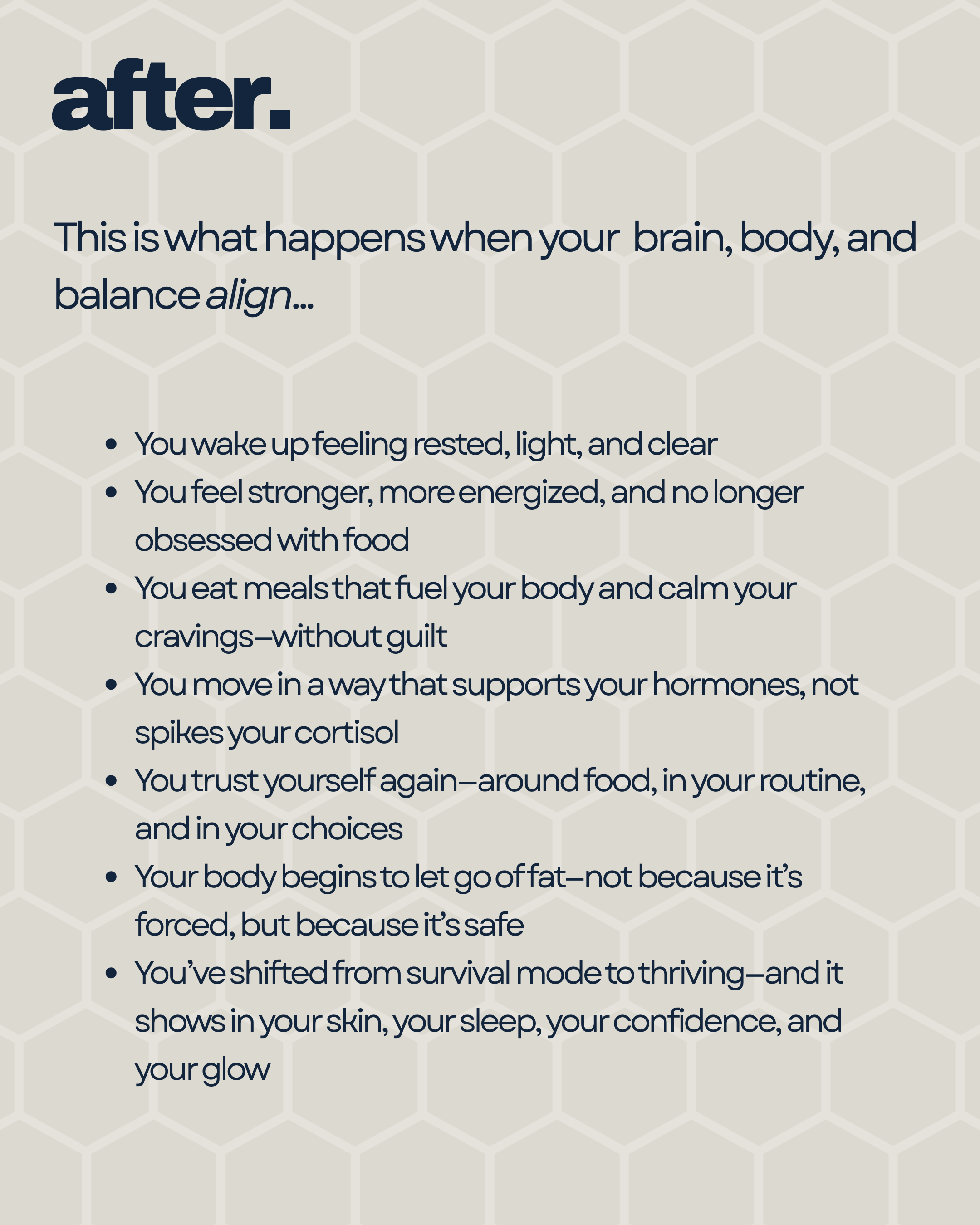 A promotional poster with the word 'after.' in bold at the top, followed by a list of benefits indicating improved health and wellness after a certain lifestyle change.