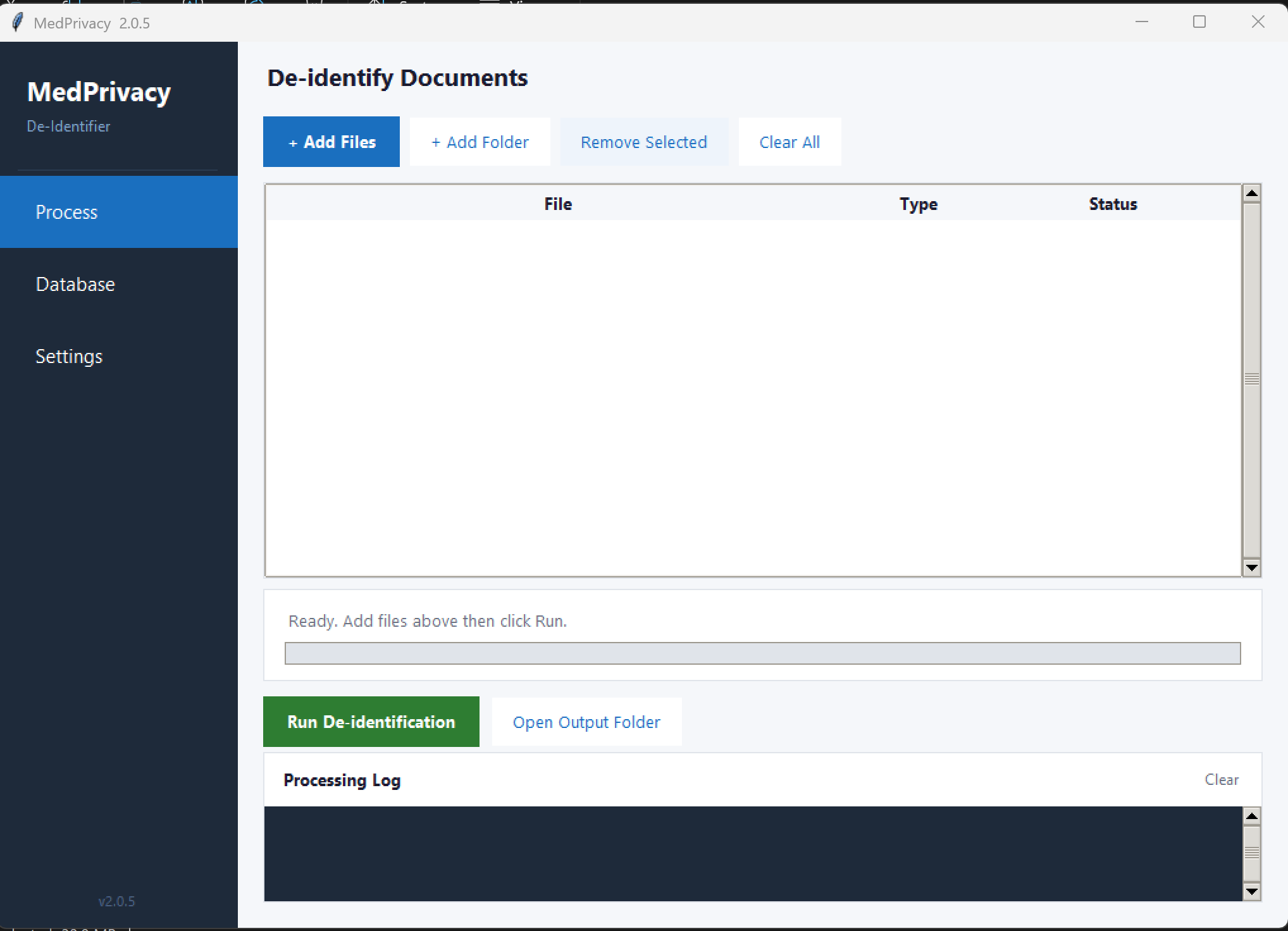 MedPrivacy desktop app showing the Process tab with Add Files, Run De-identification and Open Output Folder