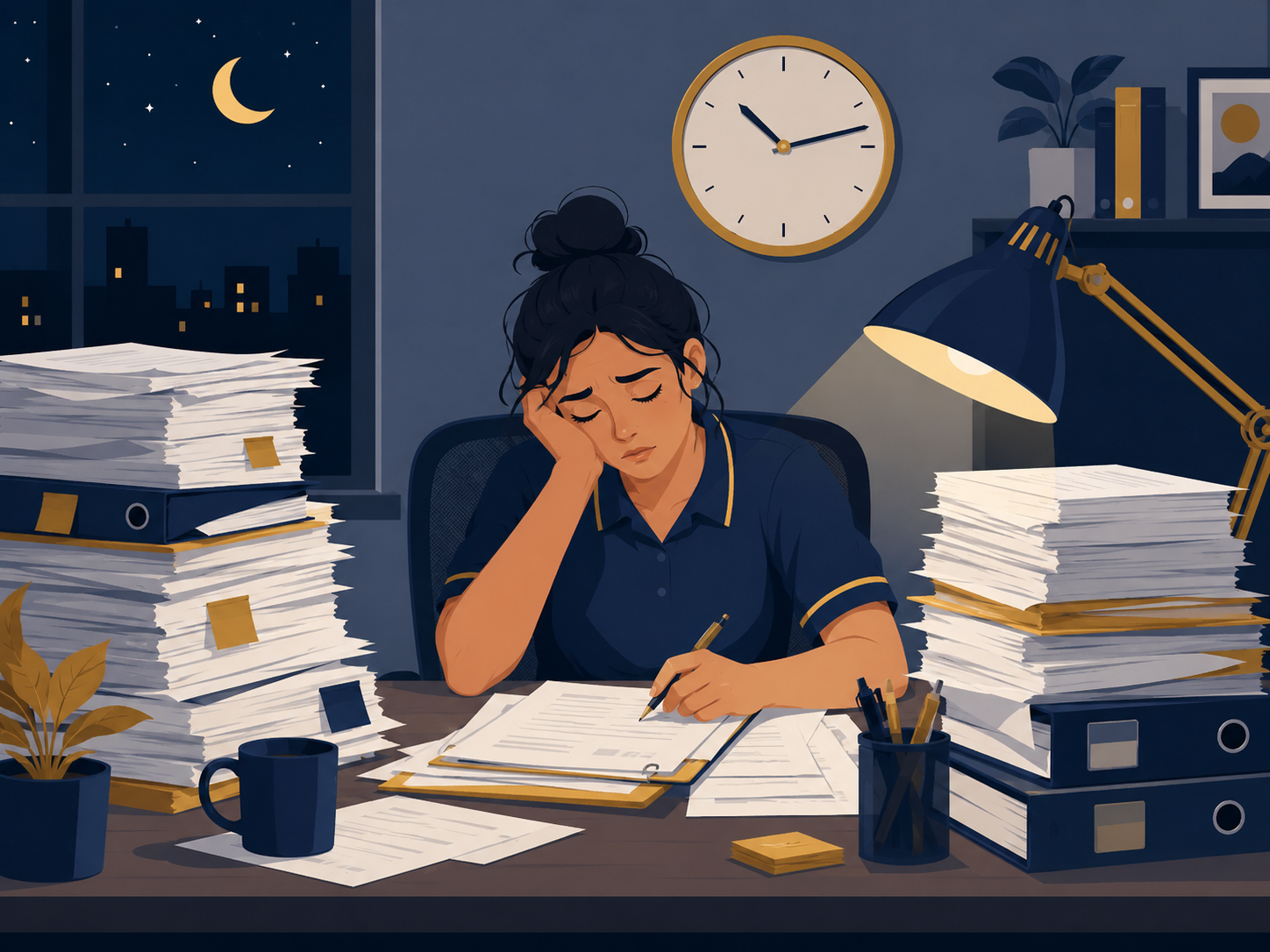 NDIS support coordinator working late at night surrounded  by paperwork, illustrating the administrative burden facing  practitioners managing RORD, COS and ART processes