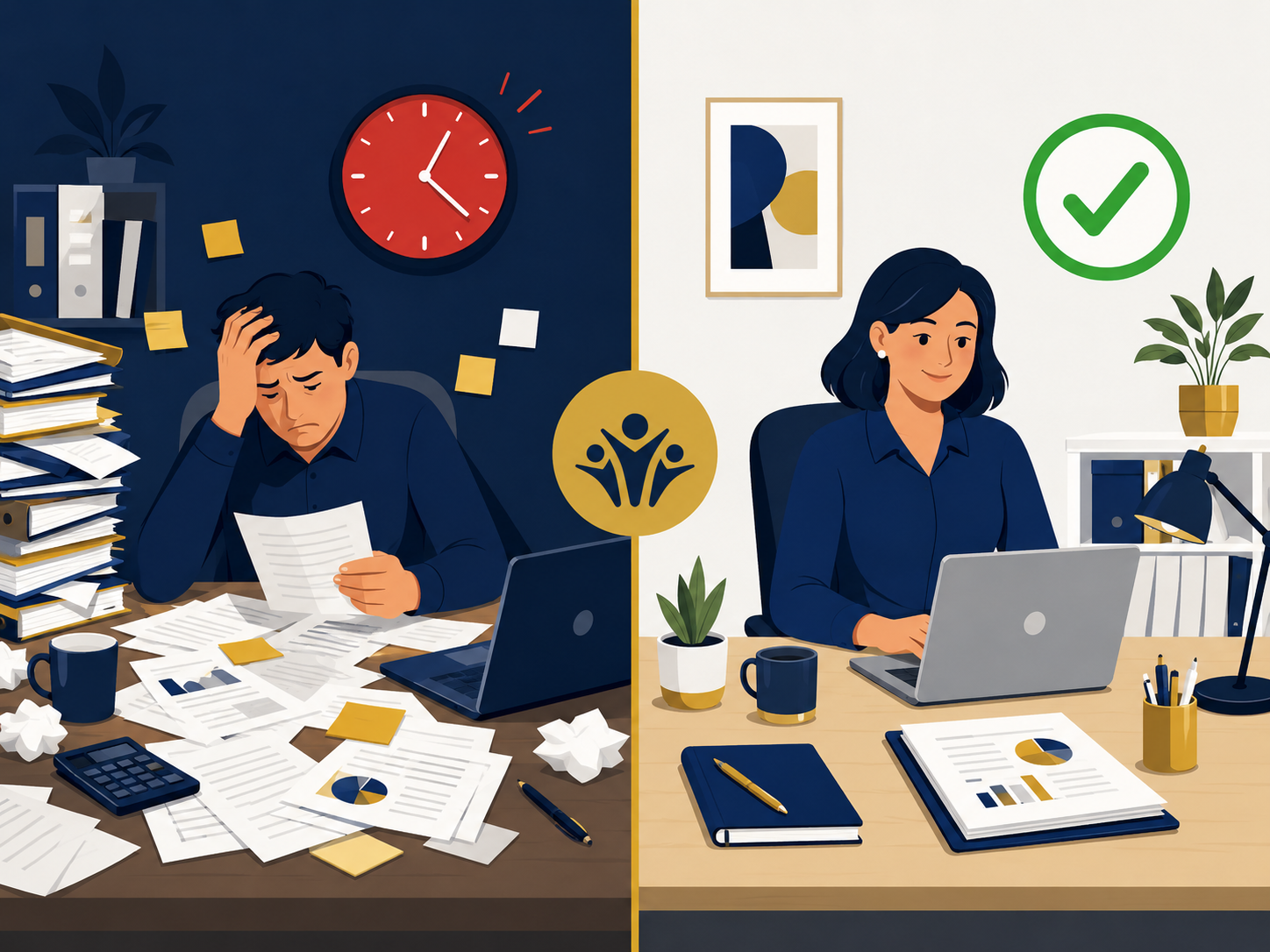 Split illustration comparing cluttered reactive NDIS  practice with clean organised productive workspace showing  the difference systems make for support coordinators