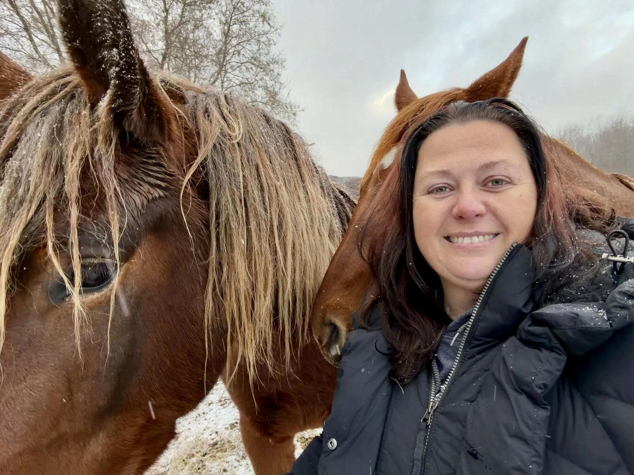 A woman taking a selfie with two horses outdoors on a cloudy day.