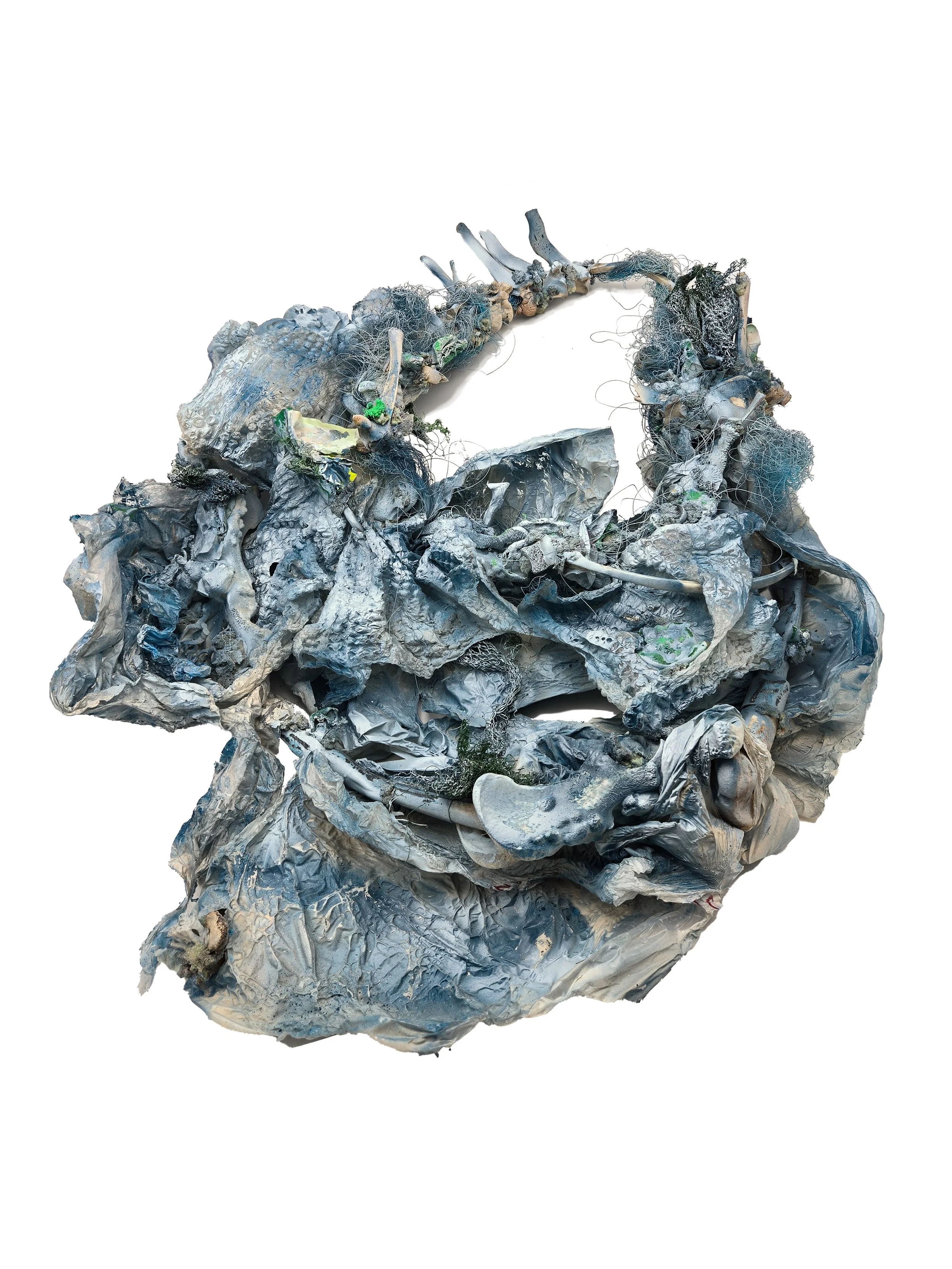 Specimen XIX / 2025 / Bone, Biodegradable PLA, Found Plastic, Found Carpet Foam, Found Cord, Acrylic Spray Paint, Brass / 25 x 29 x 4