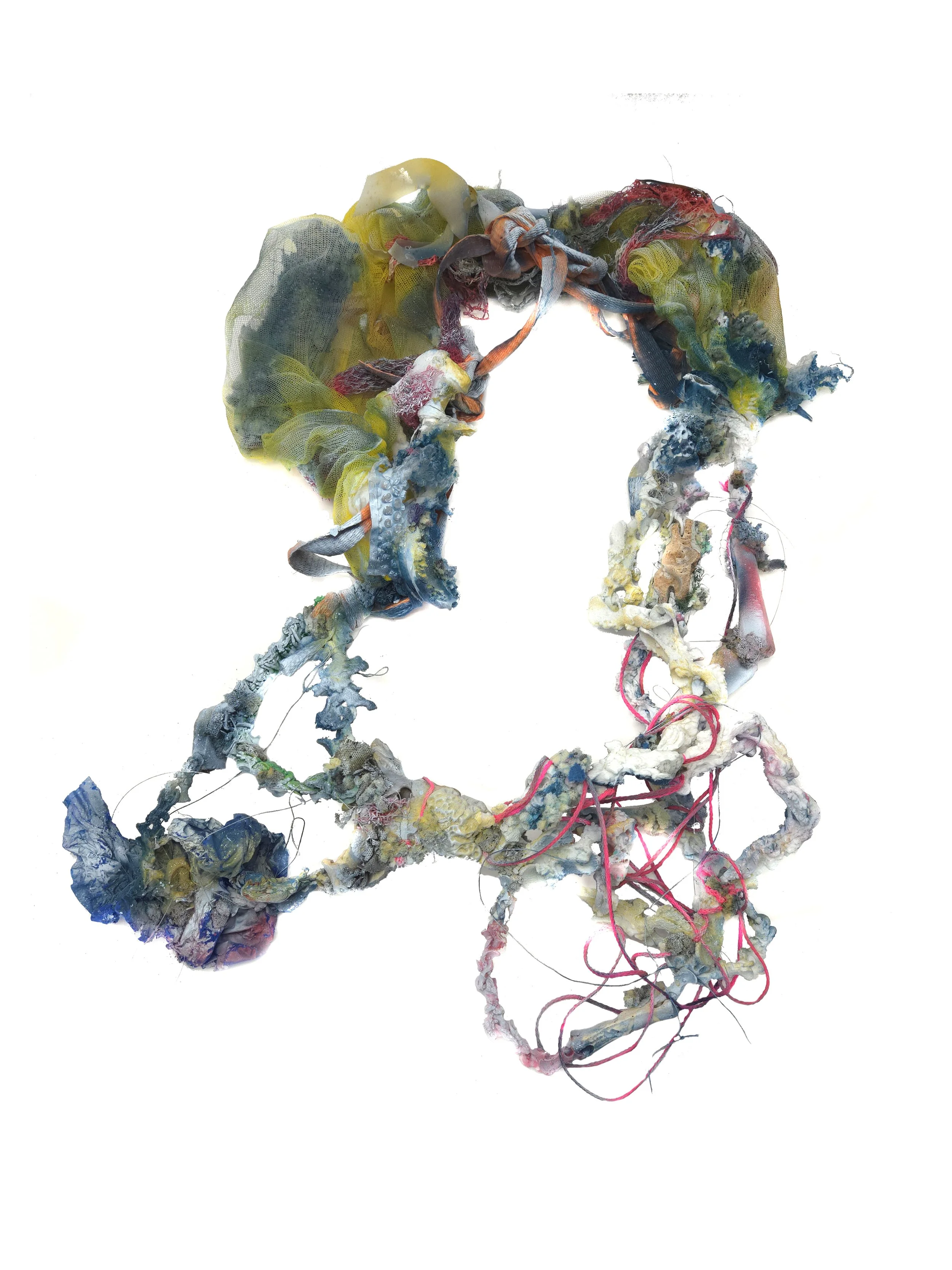 Specimen XXI (021) / 2026 / Bone, Biodegradable PLA, Found Plastic, Found Carpet Foam, Found Cord, Acrylic Spray Paint, Brass /30x19.5x3