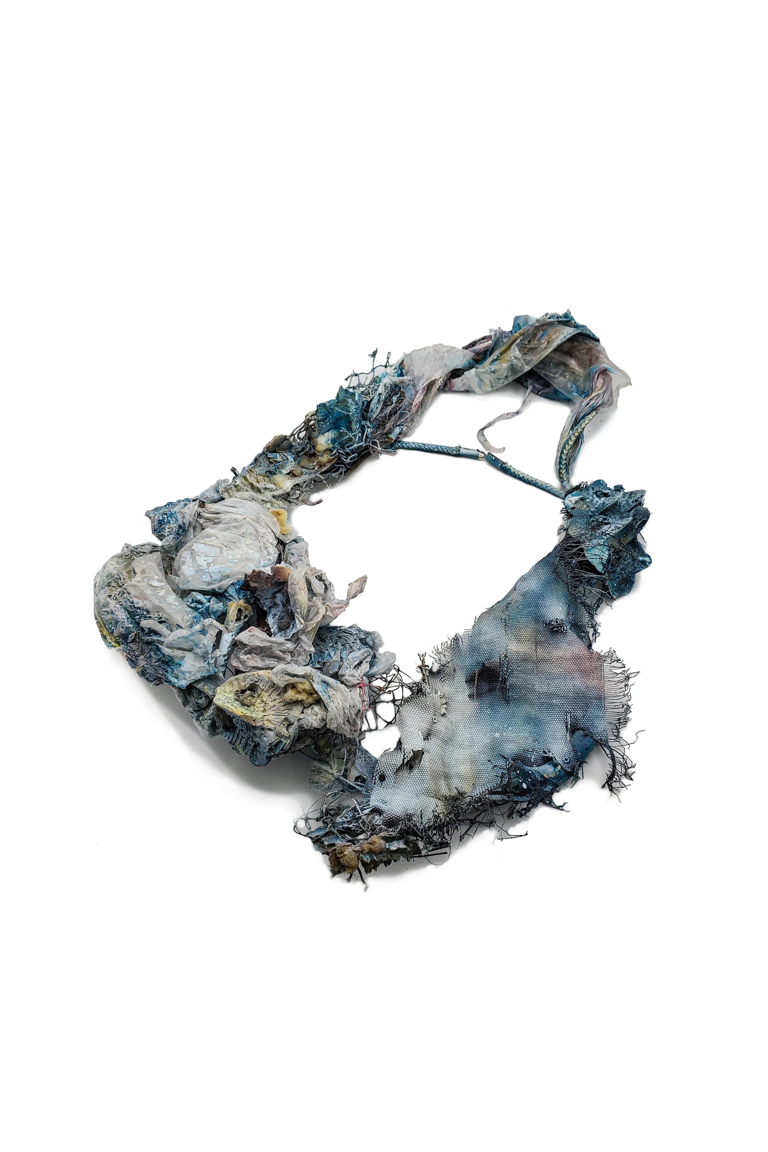 Art Field Specimen / 2025 / Bone, Biodegradable PLA, Found Plastic, Found Carpet Foam, Found Cord, Acrylic Spray Paint, Nickel, Sterling Silver, Brass / 23 ¼ x 12 x 10