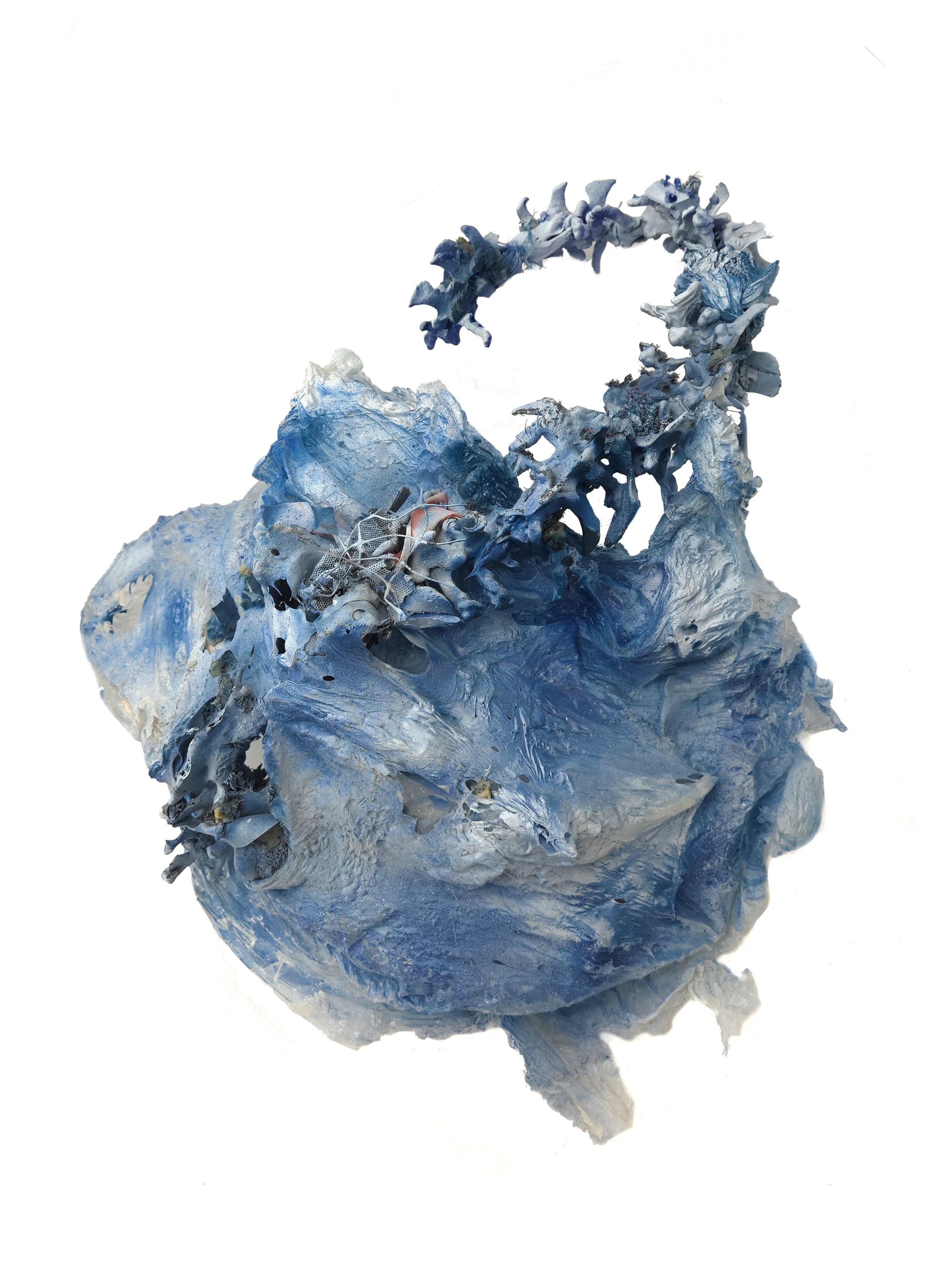 Specimen XX (020) / 2026 / Bone, Biodegradable PLA, Found Plastic, Found Carpet Foam, Found Cord, Acrylic Spray Paint, Brass / 20x19.5x11