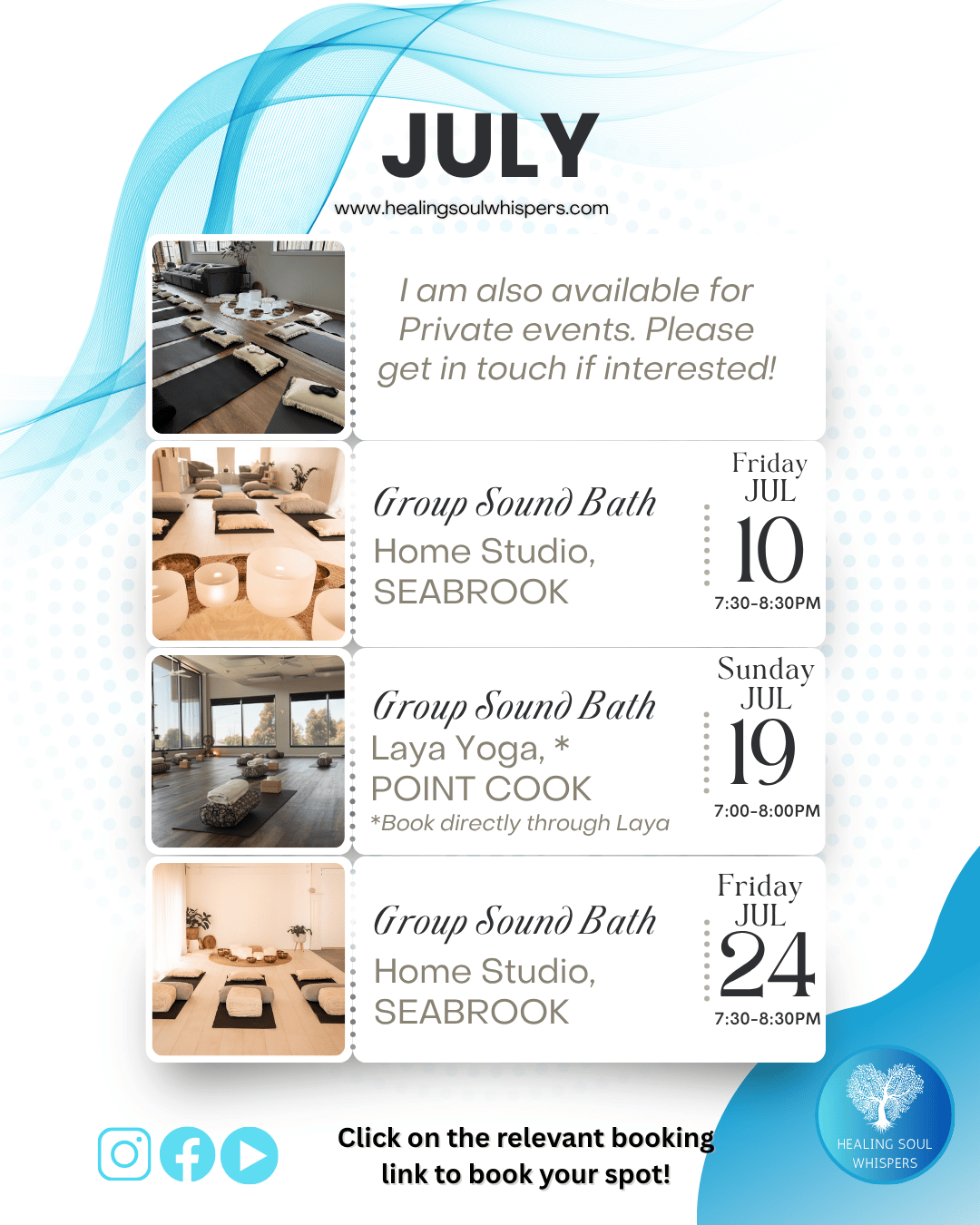July 2026 sound bath schedule Seabrook Melbourne Victoria
