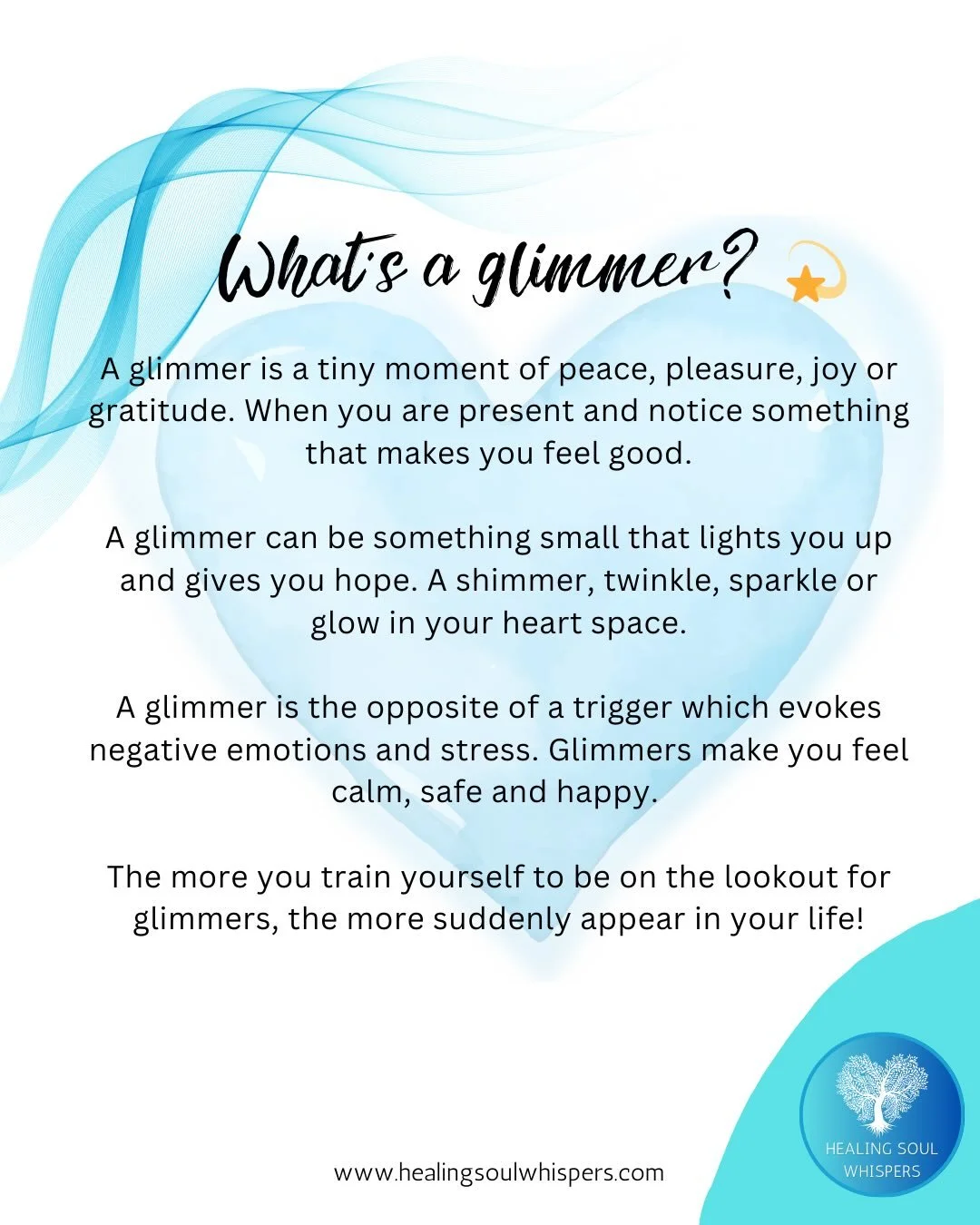 ✨ I&rsquo;ve been thinking a lot about glimmers lately. It&rsquo;s a gorgeous term isn&rsquo;t it?!

A glimmer is a tiny moment of peace, pleasure, joy or gratitude. When you are present and notice something that makes you feel good.

A glimmer can b