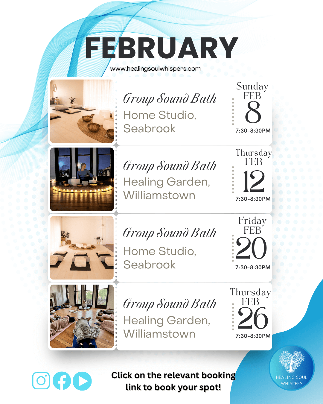 Schedule of group sound bath events in February at Healing Soul Whispers, including dates, times, locations, and booking instructions, with images of the meditation spaces.