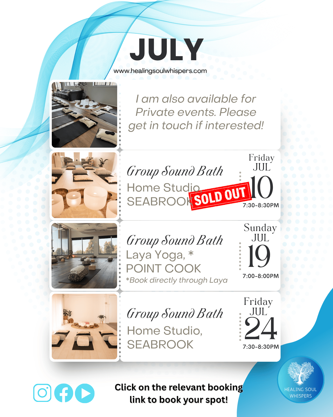 July 2026 sound bath schedule Seabrook Melbourne Victoria
