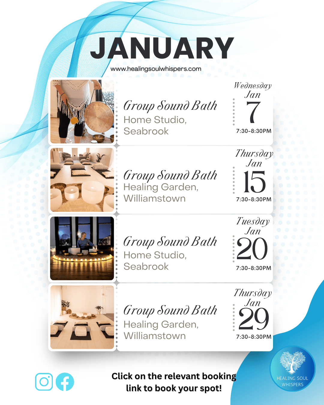 Schedule of group sound bath events in January at Healing Soul Whispers Melbourne, including dates, times, locations, and booking instructions.