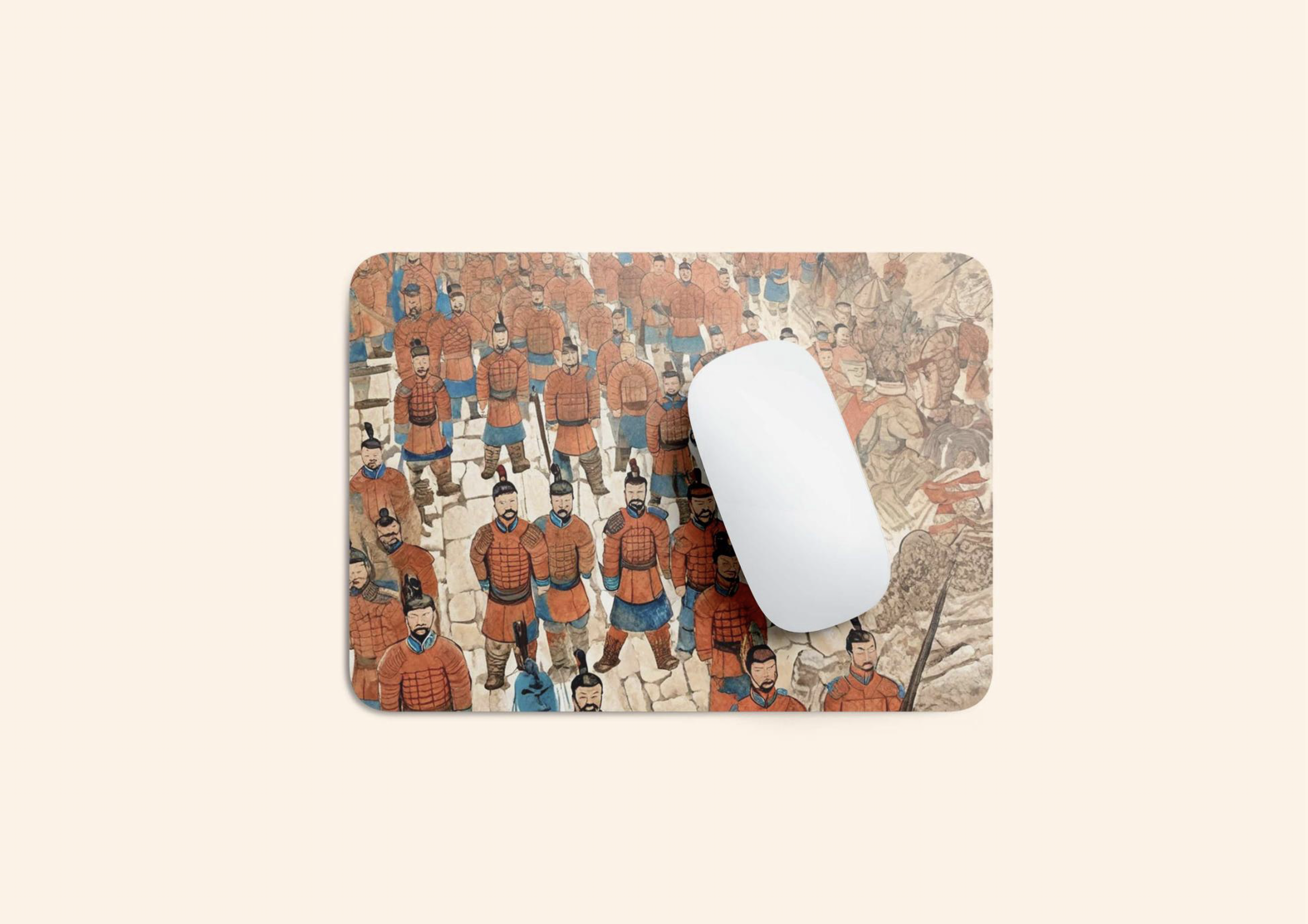 A mouse pad featuring artwork of ancient Chinese soldiers in armor, with a white computer mouse placed on top.