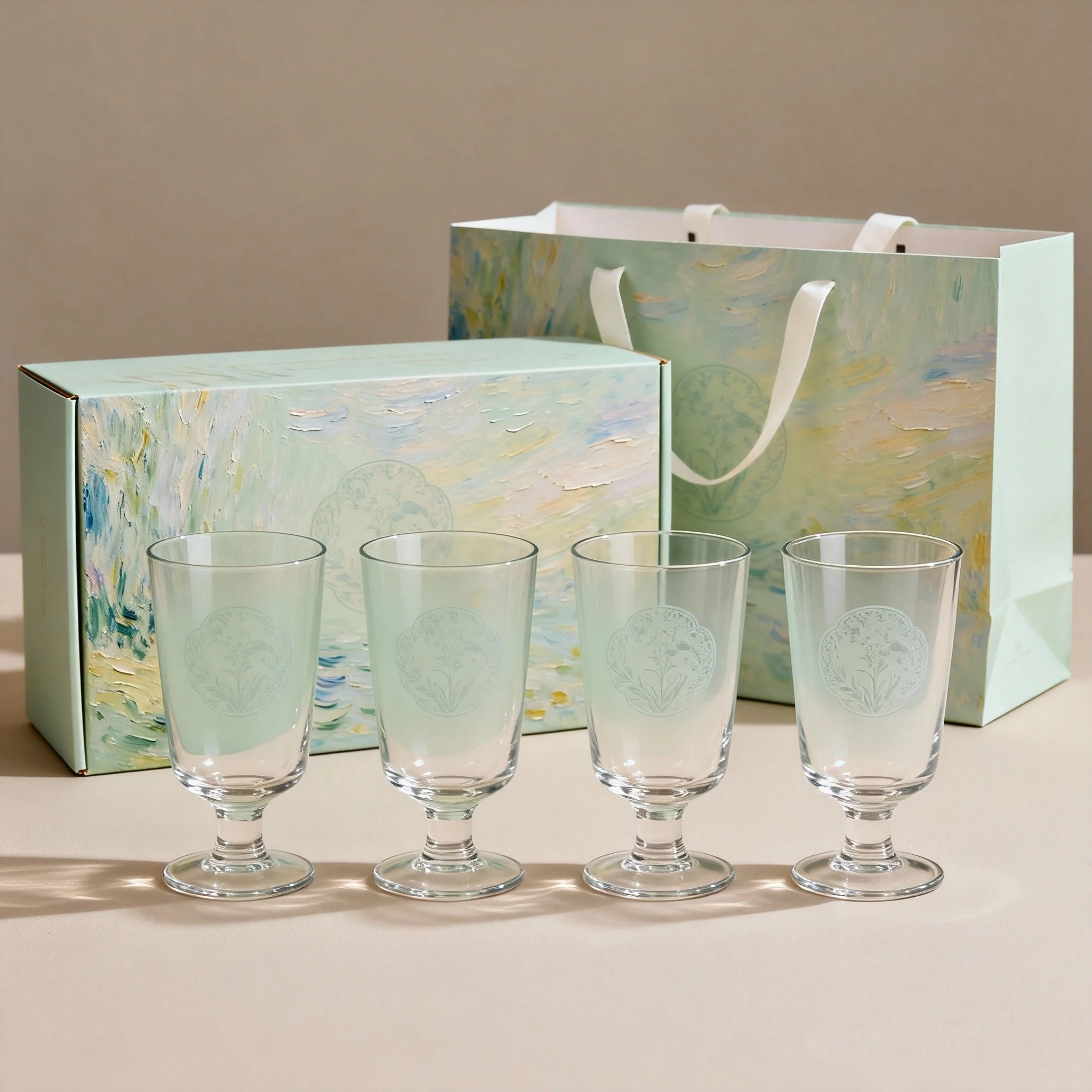 Four clear glass goblets with etched floral designs, set against a pastel-colored gift box and bag featuring an impressionist-style painting.