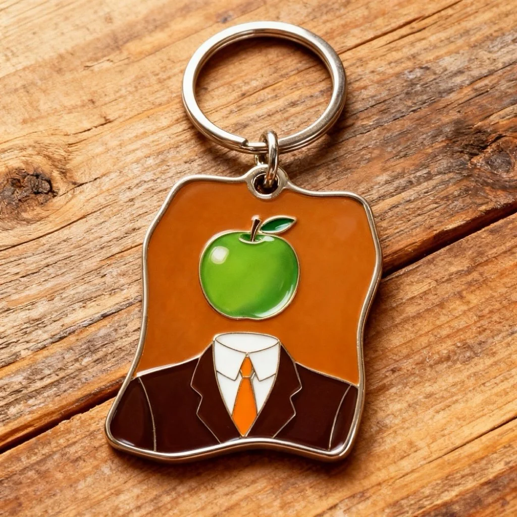 A keychain with a design of a headless person in a suit, with a green apple as the head, placed on a wooden surface.