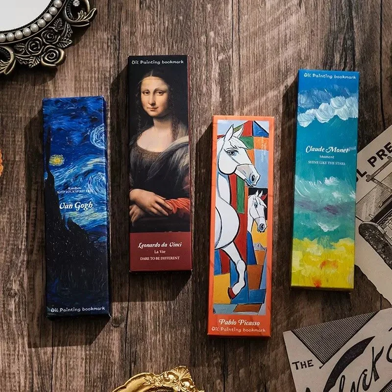 Four oil painting bookmarks featuring famous artworks: Van Gogh's "Starry Night," Leonardo da Vinci's "Mona Lisa," Picasso's "Guernica" inspired horse, and Monet's "Impression, Sunrise."
