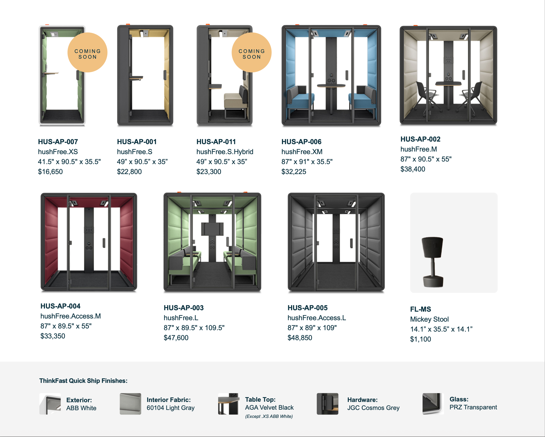 Collection of soundproof booths in various colors and sizes with product codes, dimensions, and prices, alongside a Mickey Mouse stool and material finish swatches at the bottom.