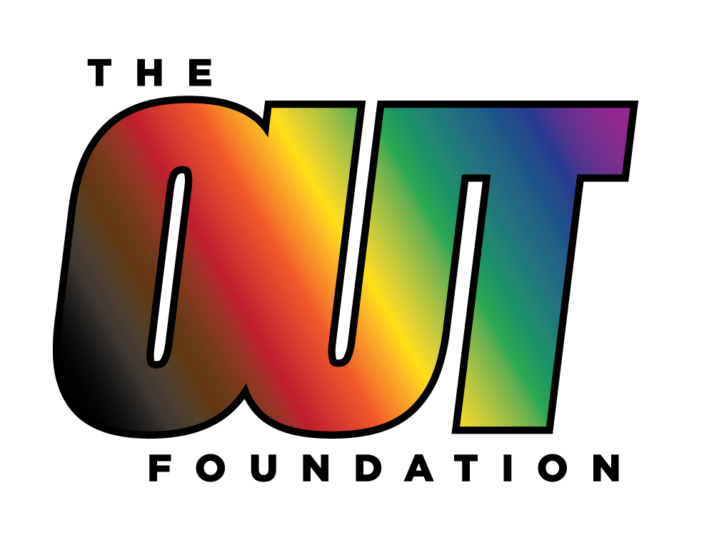 Colorful word mark that says 'OUT' followed by gradient arrows pointing to the right in shades of pink, blue, and purple.