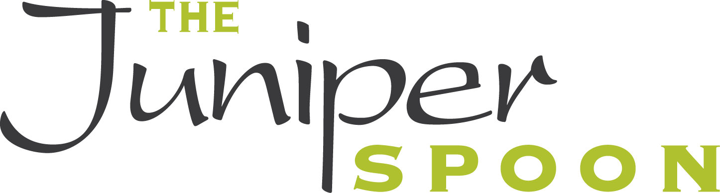 Logo with text 'The Juniper Spoon' in black and green lettering.