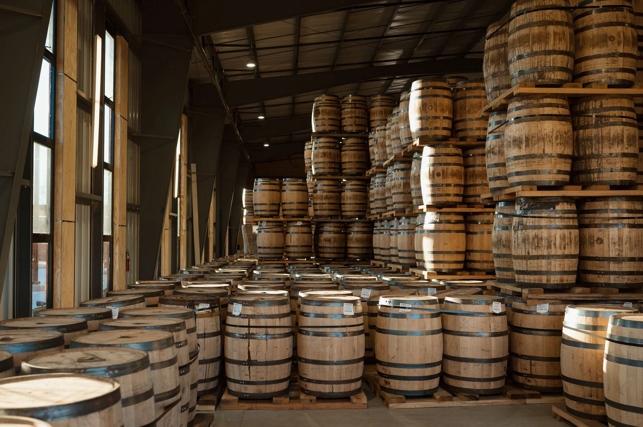 Warehouse filled with stacked wooden barrels, surrounded by large windows and high ceiling with metal beams.