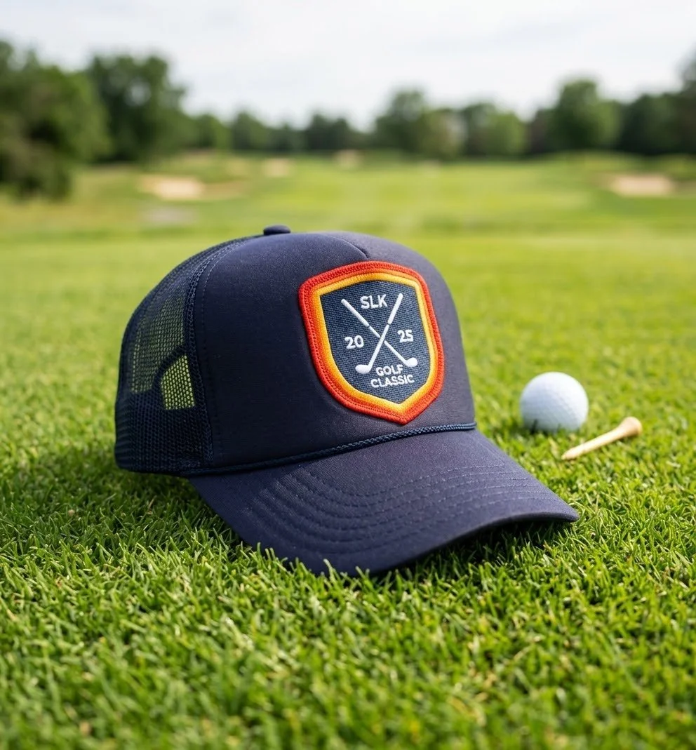 A navy blue golf cap with a patch reading "SLK 2025 Golf Classic" on a golf course, with a golf ball and tee nearby.