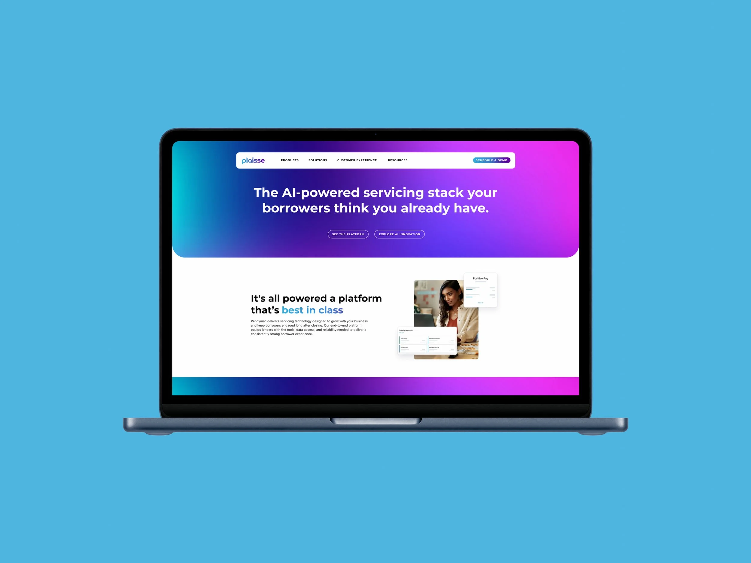 Laptop displaying a website about AI-powered service platform with navigation menu, headline, and images, on a blue background.