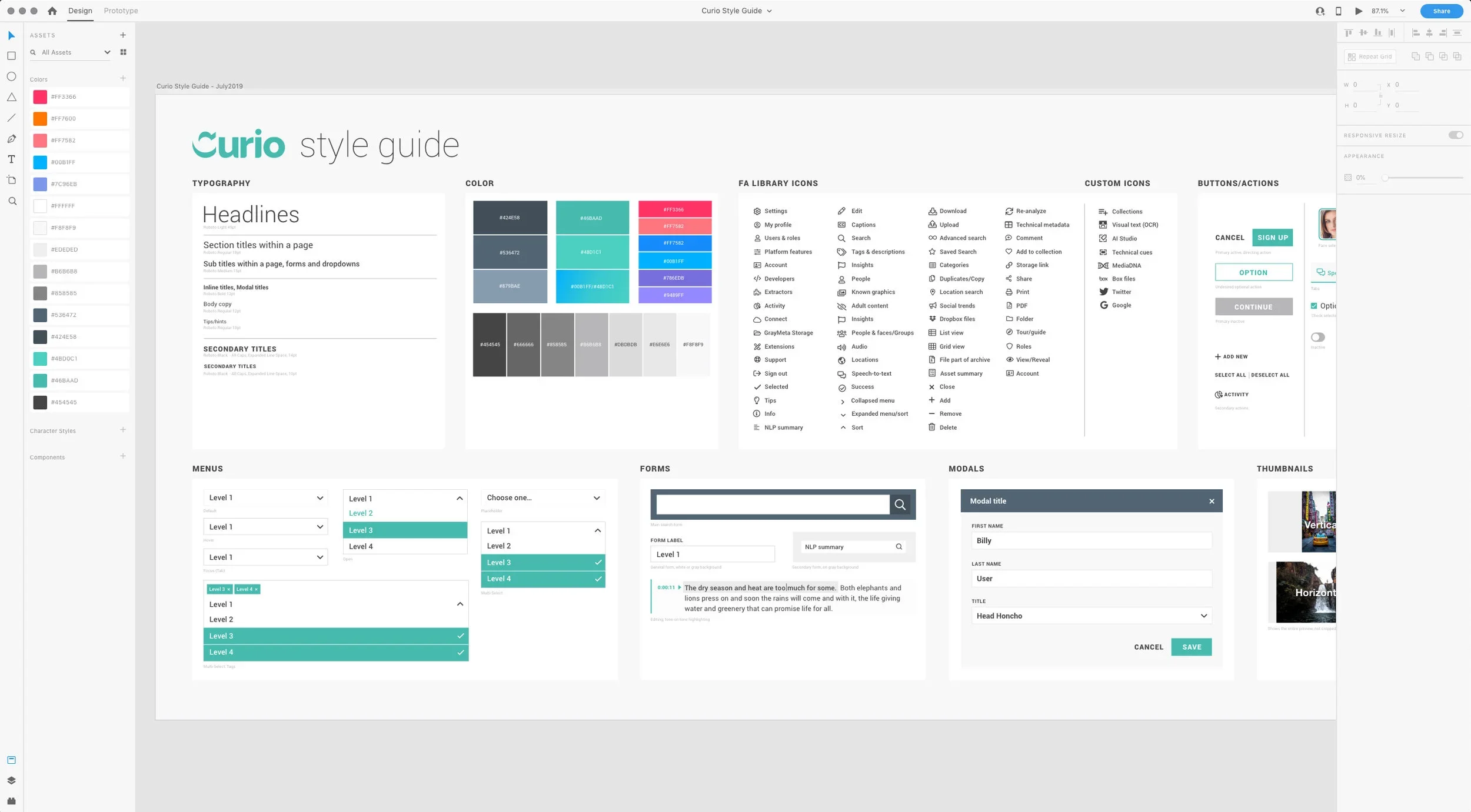 A digital style guide titled 'Curio style guide' displaying sections for typography, colors, icons, buttons, menus, forms, modals, and thumbnails, with color palettes, icon lists, and UI element examples.