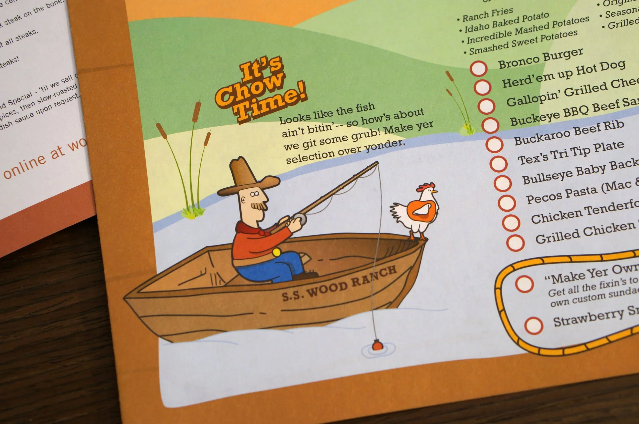 Cartoon illustration of a man in a fishing boat labeled 'S.S. Wood Ranch', fishing and a chicken standing on the boat.
