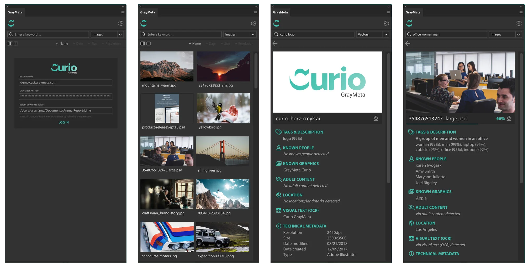 Computer screen displaying the GrayMeta media management application with images and logo for Curio on the right panel.