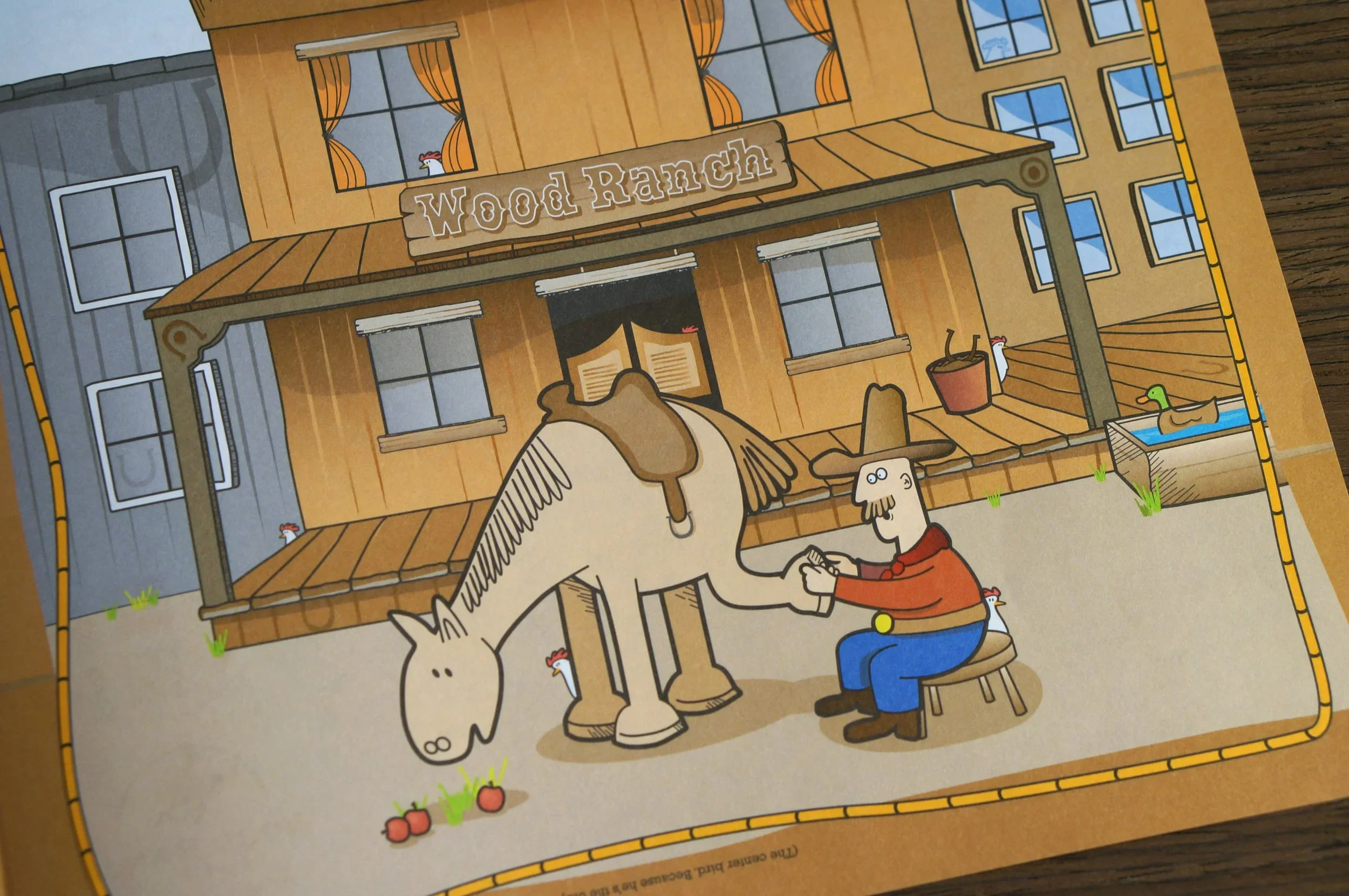 Illustration of a wooden ranch building with chickens, a duck in a pond, and a person with a horse in front of the ranch.