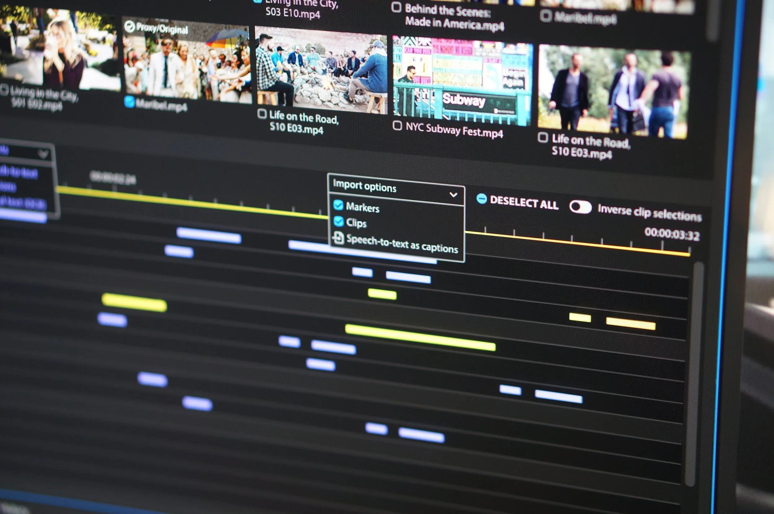 Computer screen displaying a video editing interface with clips, timeline, and checkboxes for import options.