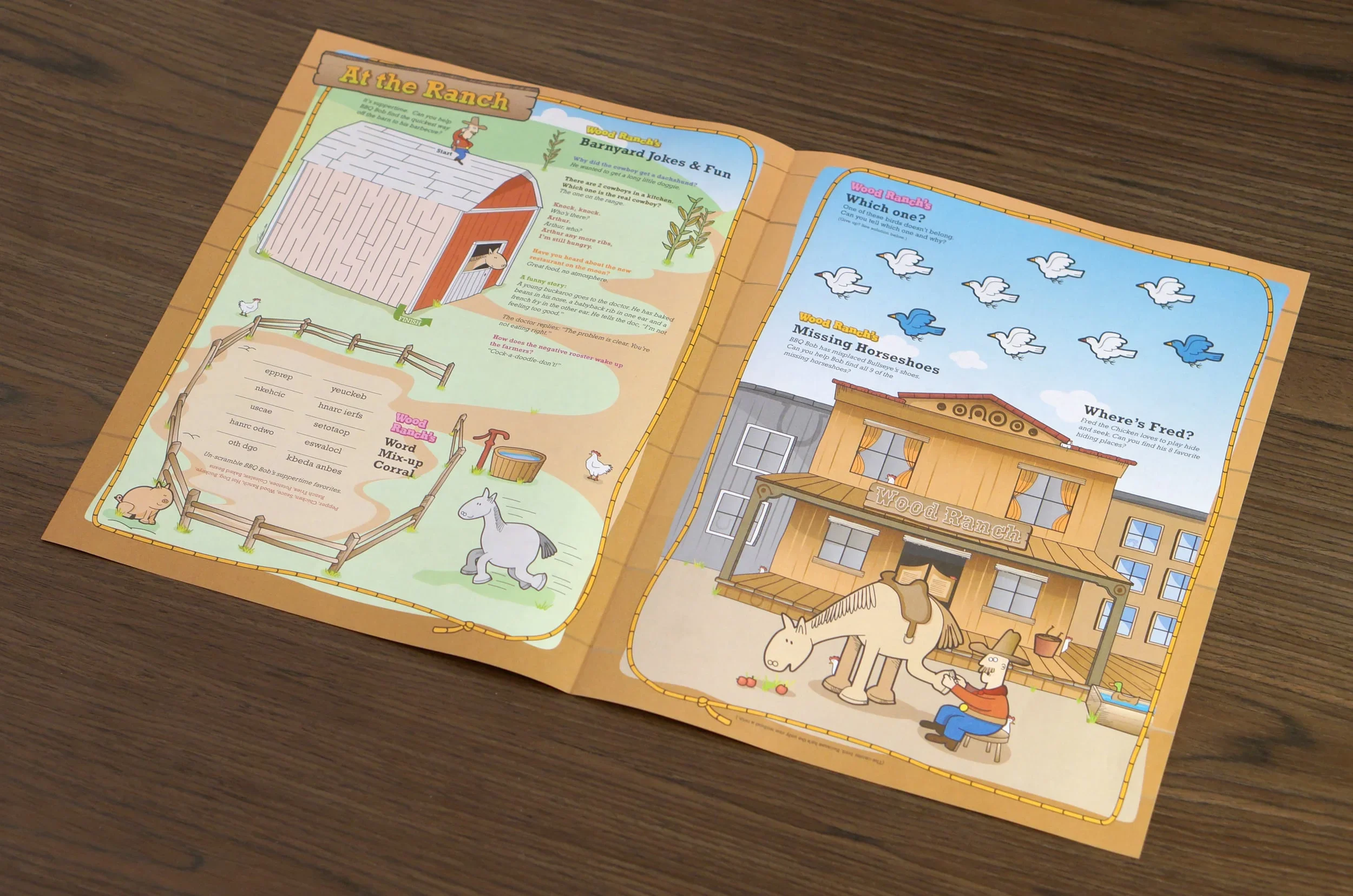 Open storybook showing cartoon barn, animals, and farm scene with trivia and fun facts about farm life.
