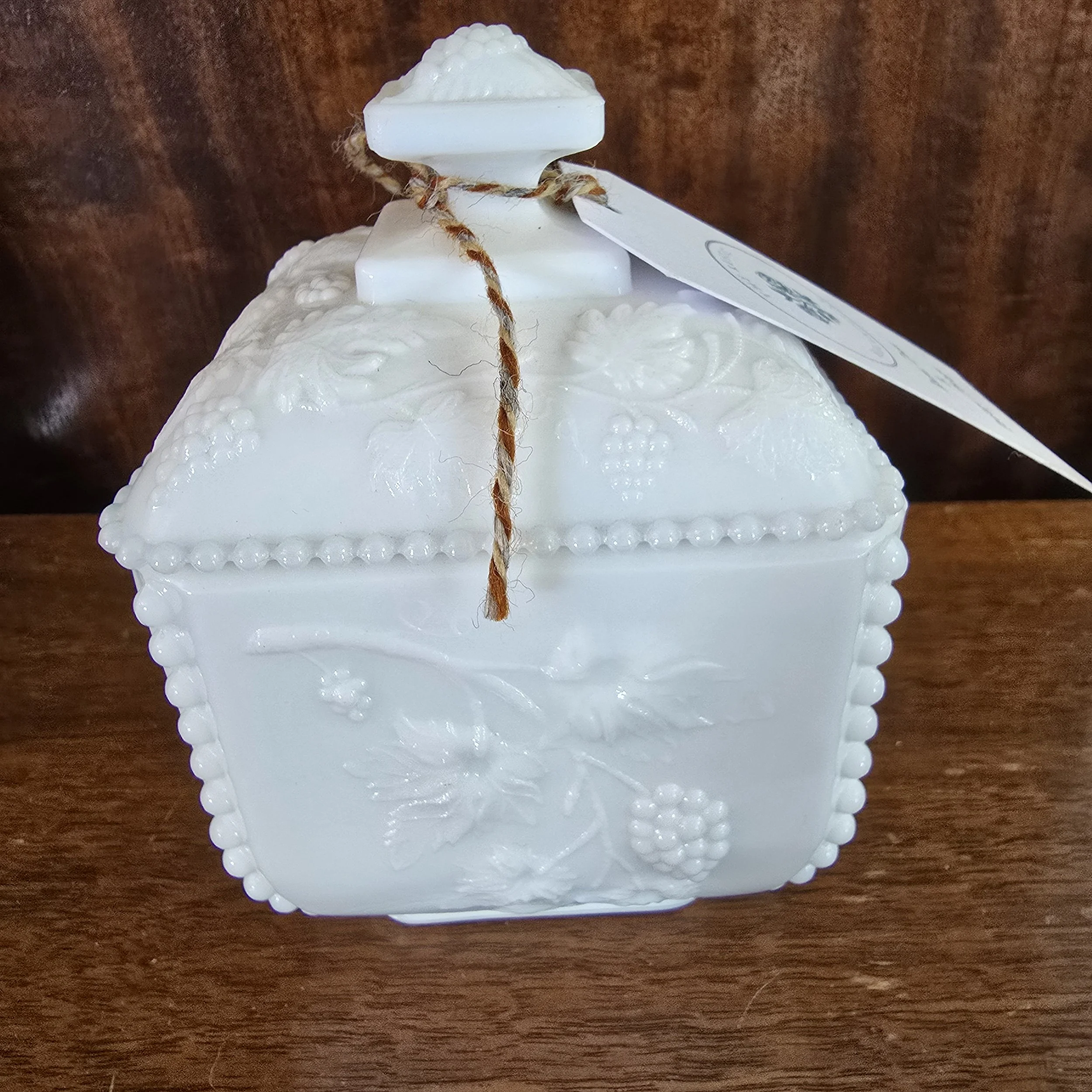 Milk glass covered dish, Westmoreland Blackberry pattern.  $31