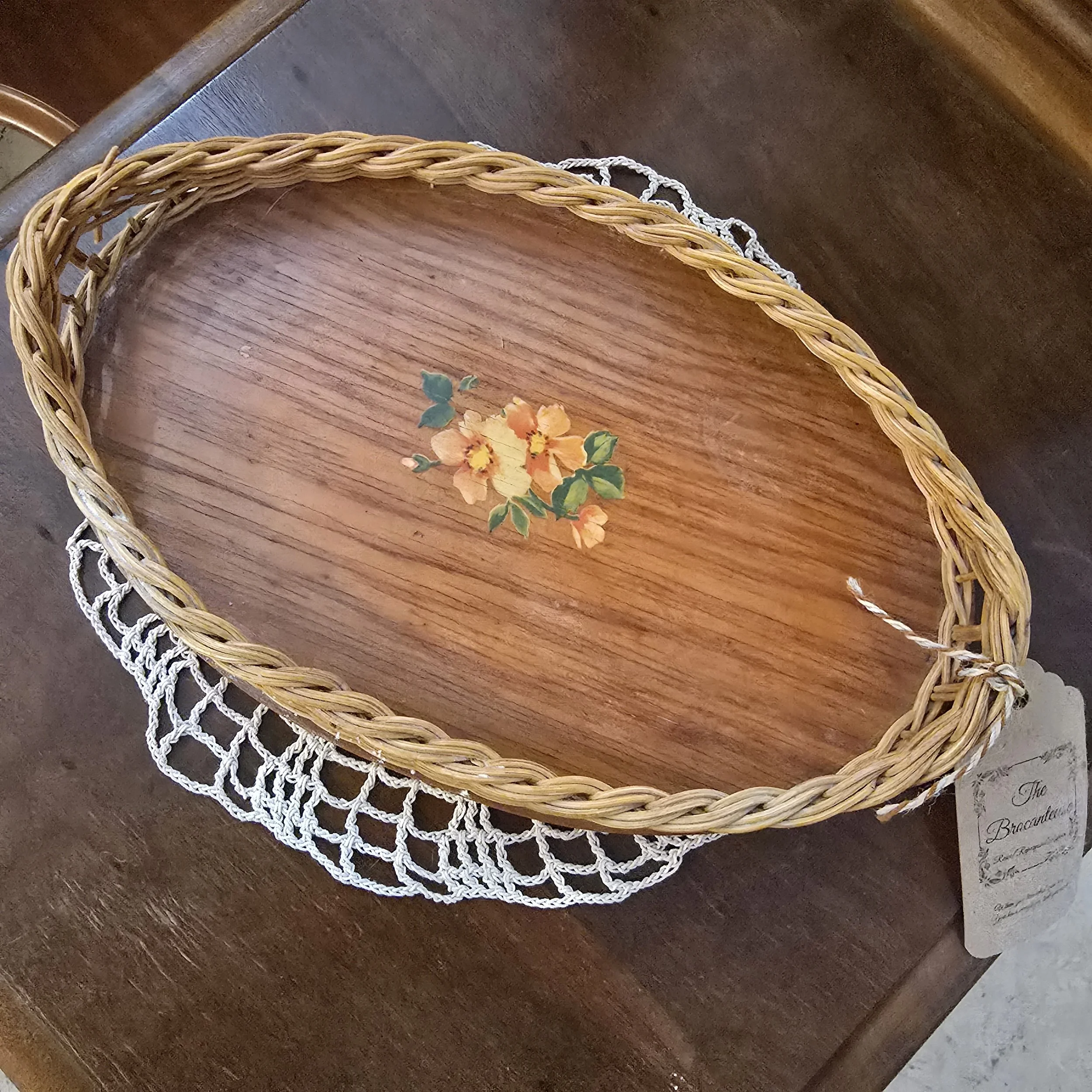 Wood and wicker mcm vanity tray.