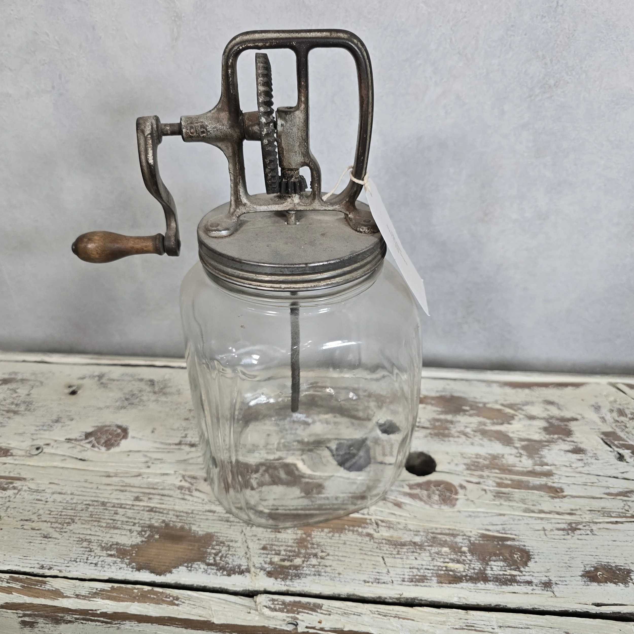 Vintage glass butter churn, missint the paddles. $79