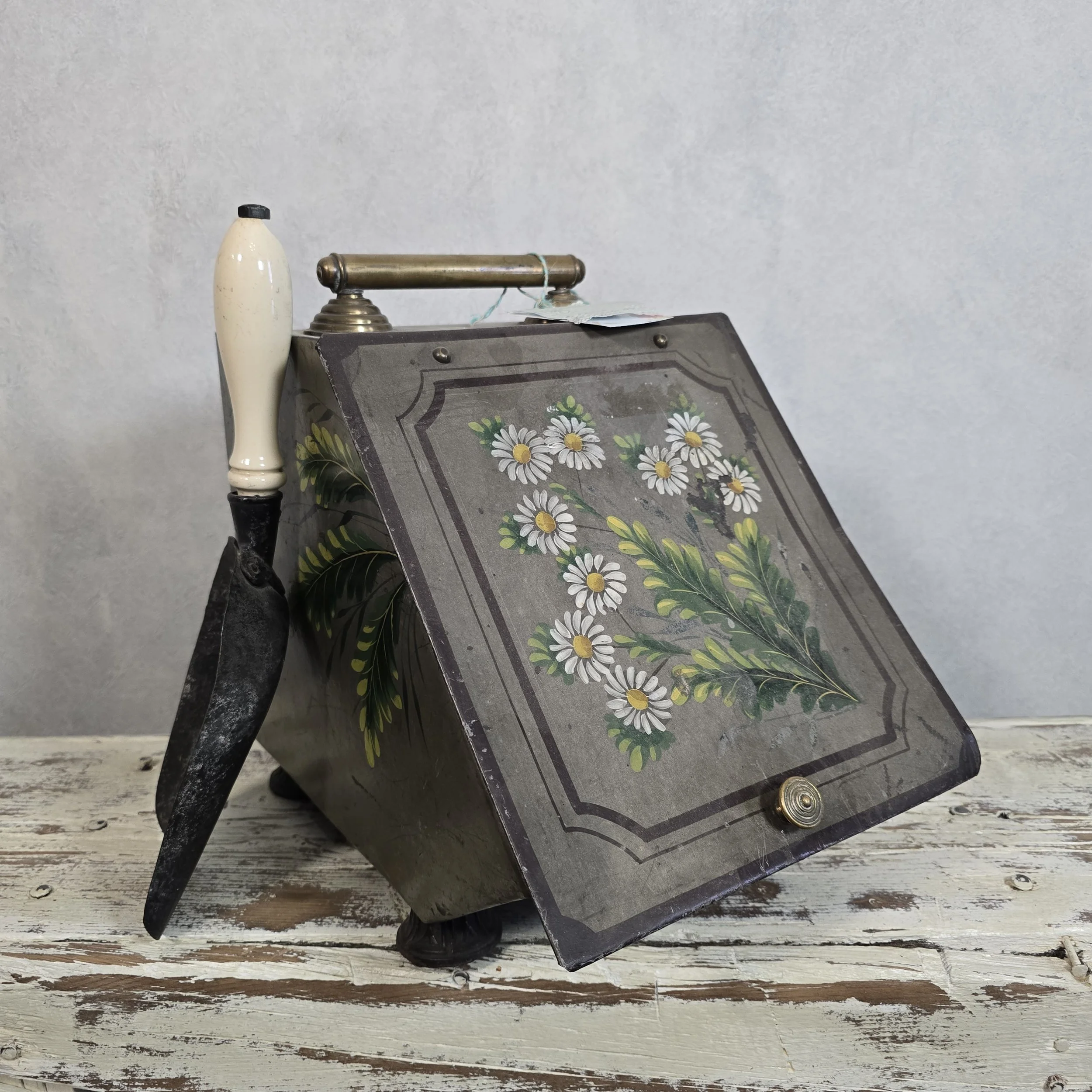 Antique coal ash bin with scoop.  $145