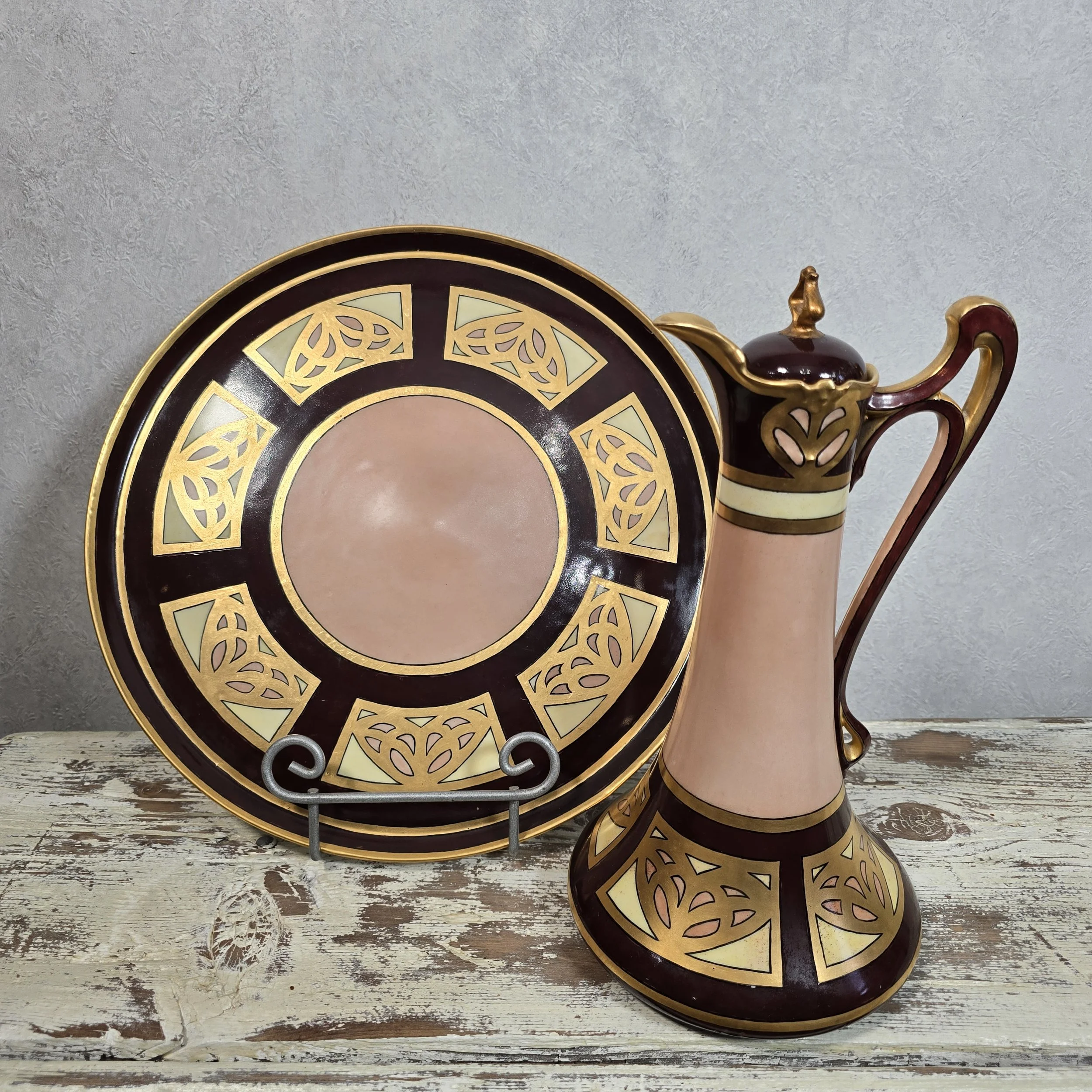 Hand painted , 14 k gold detail, Art nouveau teapot and platter, stamped 1910.  $65