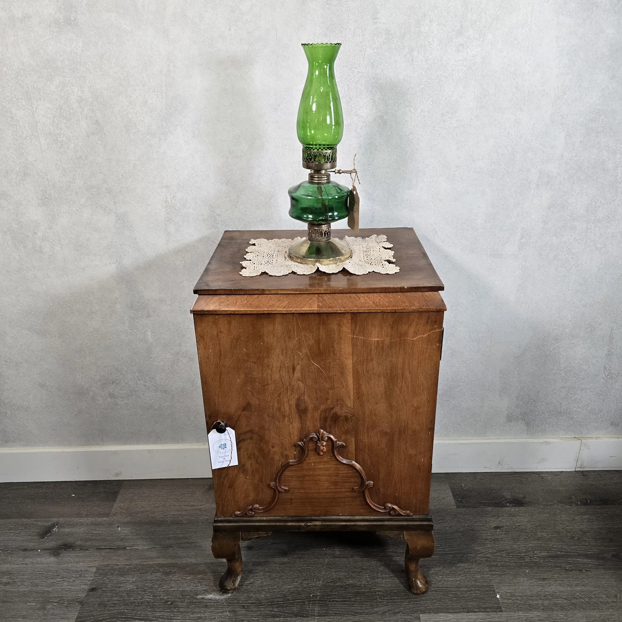 Solid wood side cabinet with ornate trim. in Excellent shape.  $210