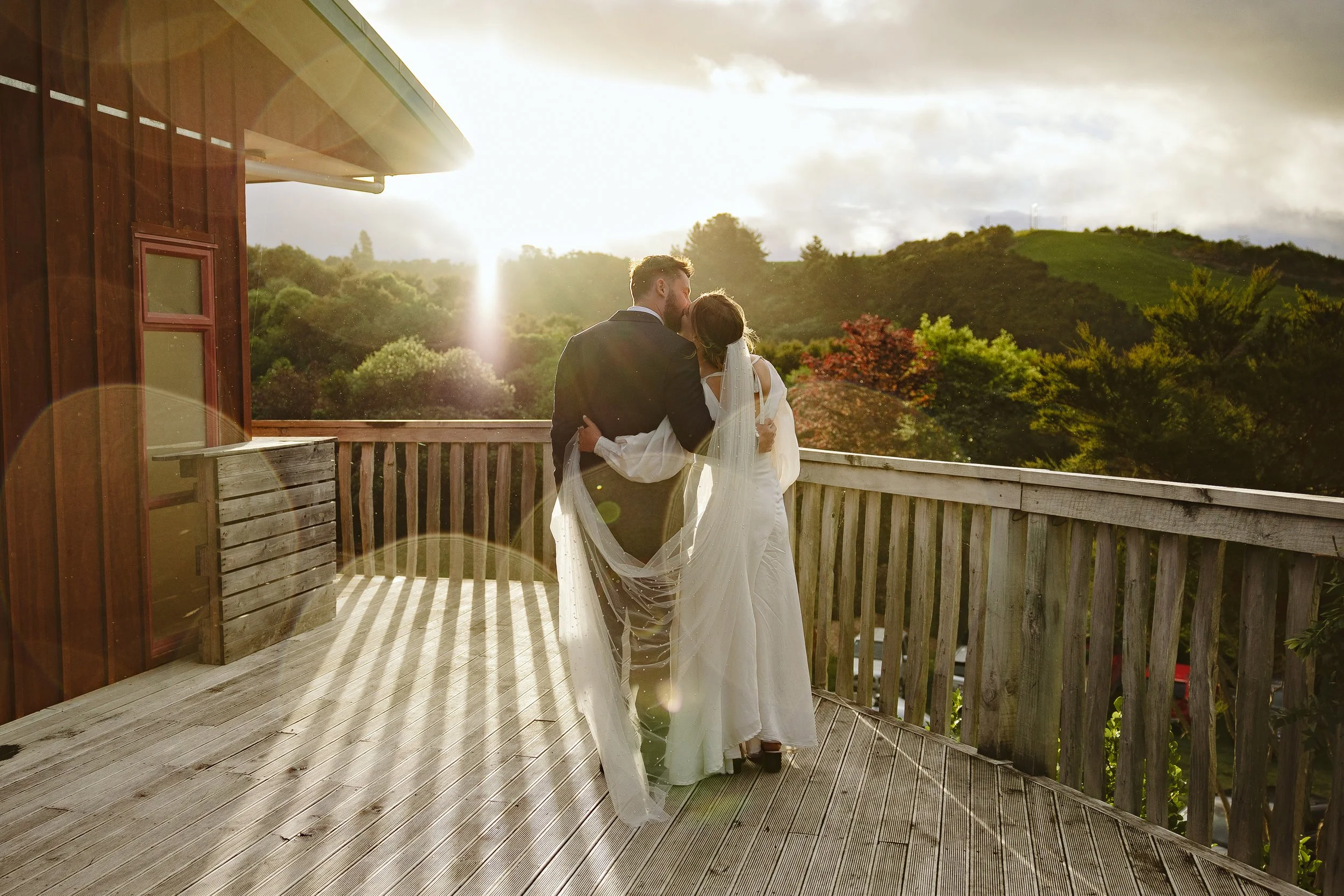 Wedding couple on deck at Omori lodge