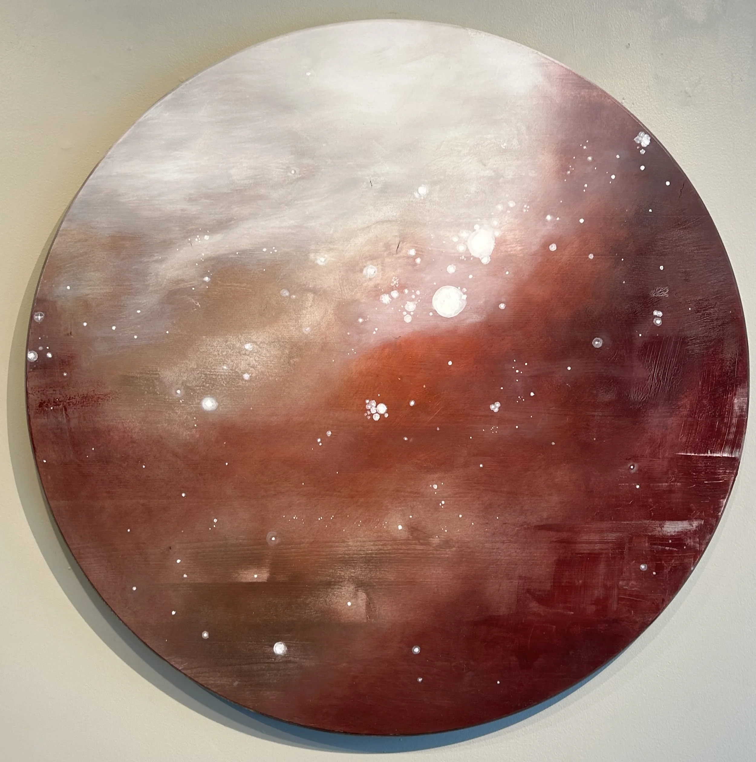 "Hubris," oil on wood, 2026, 36 in. diameter
