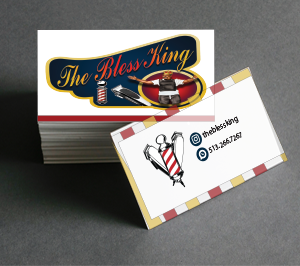 Stack of business cards featuring a logo with a blessing king theme, a black sedan, and barber tools, with one card showing contact details including an Instagram handle, phone number, and a barber pole icon.