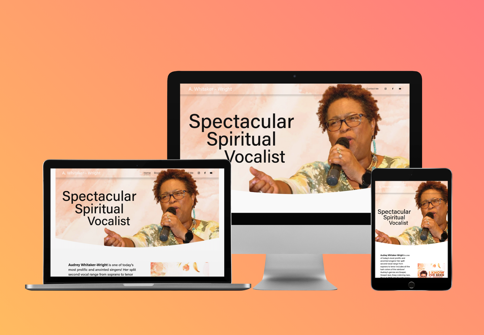 Responsive website design displaying a female gospel singer with short curly hair, glasses, and colorful jewelry, holding a microphone. The website text reads "Spectacular Spiritual Vocalist" and includes her name Audrey Whitaker-Wright. The site is 