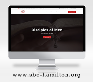 Computer screen displaying a website with the title 'Disciples of Men' and a prayer beads in the background.