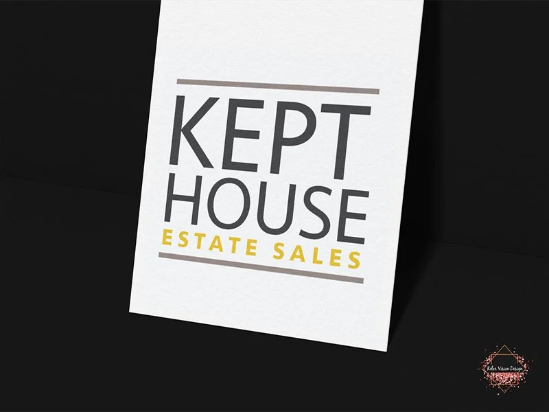 A sign with the text 'Kept House Estate Sales' on a black surface.