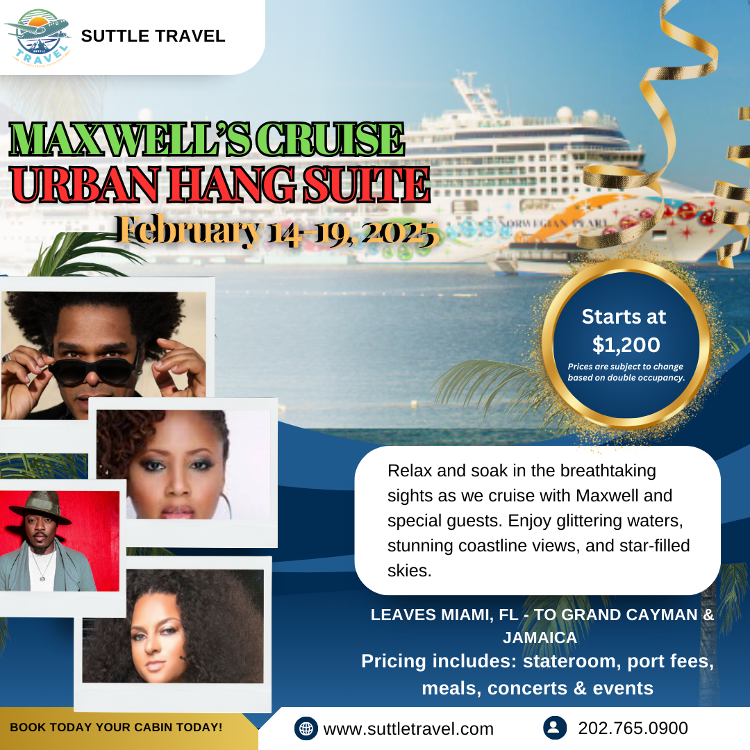 Promotional cruise advertisement for Maxwell's Cruise on the Suttle Travel website. The ad features an image of a cruise ship at sea, with decorative gold ribbons. It includes images of four diverse individuals, details about the cruise dates Februar