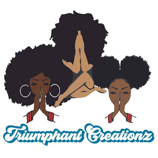 Cartoon illustration of three African American women with natural hairstyles, praying with their hands together, wearing large hoop earrings and red patterned collars, with the text "Triumphant Creations" underneath.