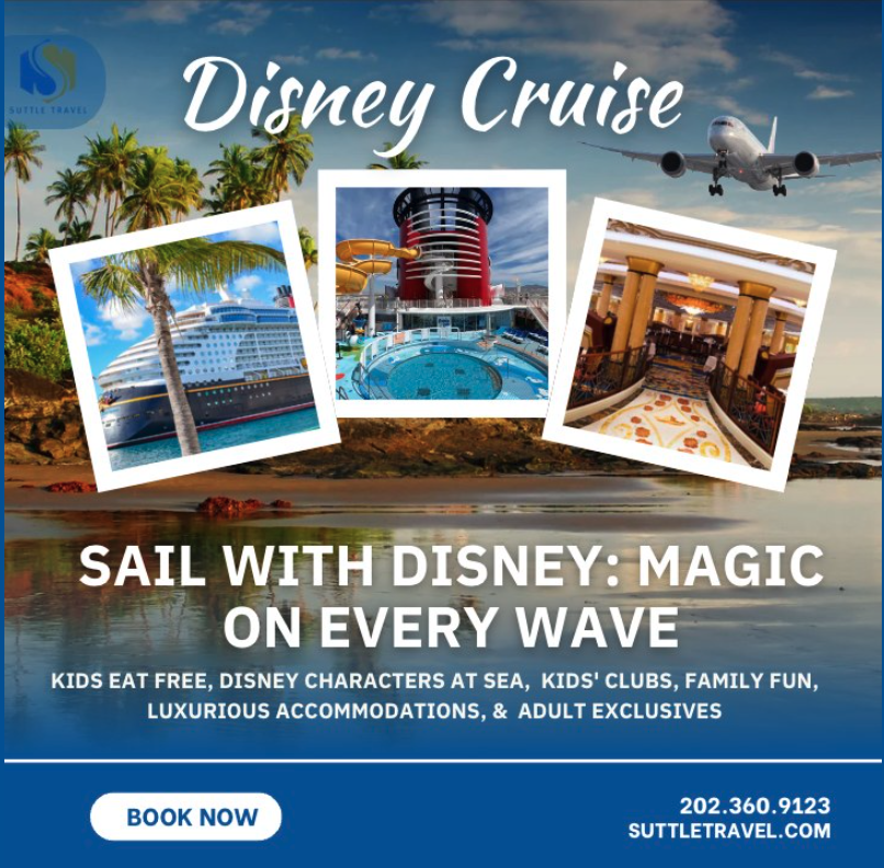 Promotional flyer for a Disney cruise featuring images of a cruise ship, a pool deck, and an interior corridor, with an airplane flying in the sky