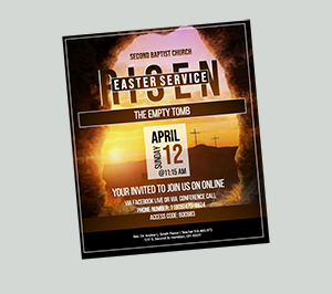 Easter service flyer for Second Baptist Church featuring an Easter sunrise theme with a sunrise background, crosses, and text details about the event on April 12 at 11:15 am.